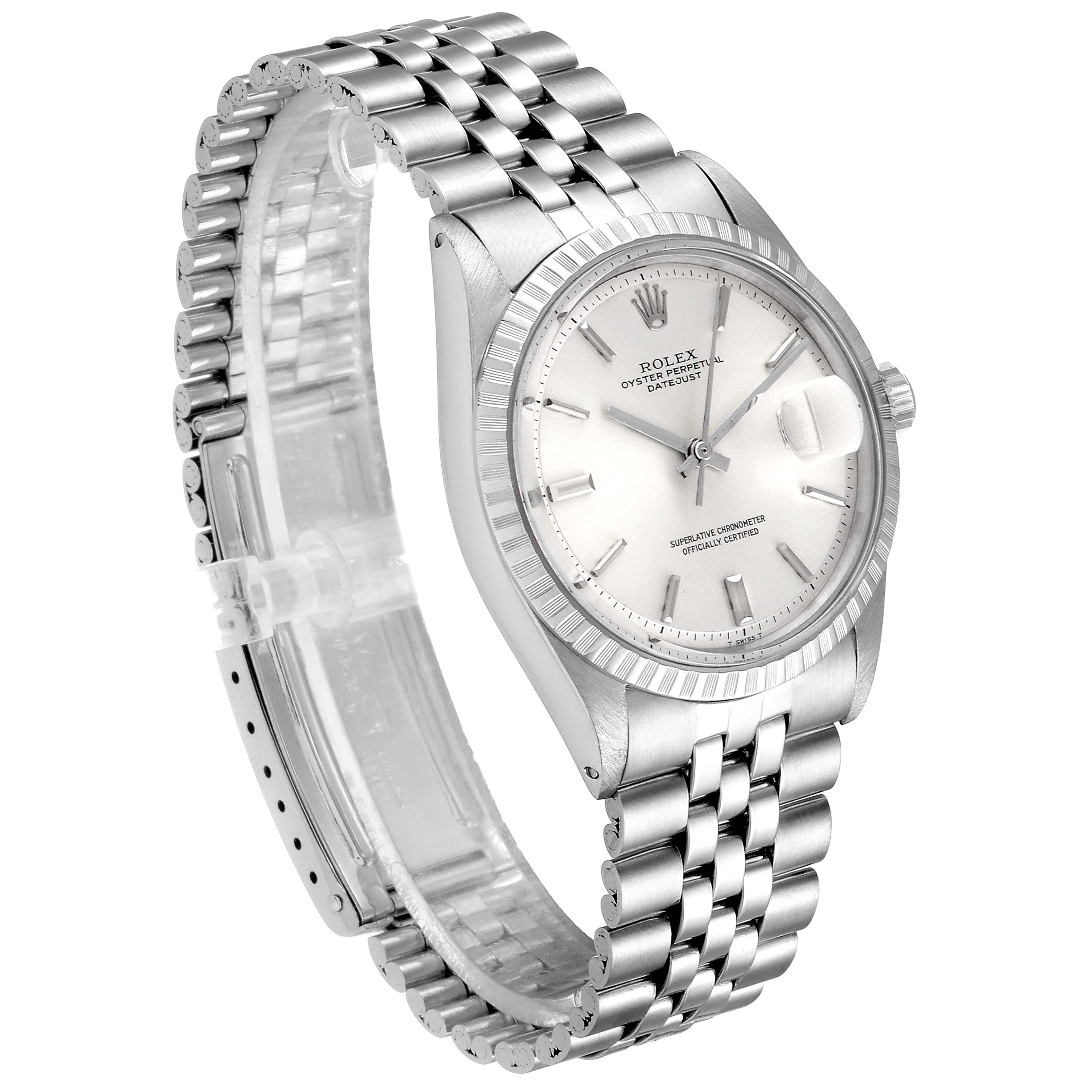 This Rolex Vintage Collection 1601 Men
s Stainless Steel Silver Dial 1601 Men
s Stainless Steel Silver Dial watch is shown at an angled view, highlighting its face, bezel, and bracelet.