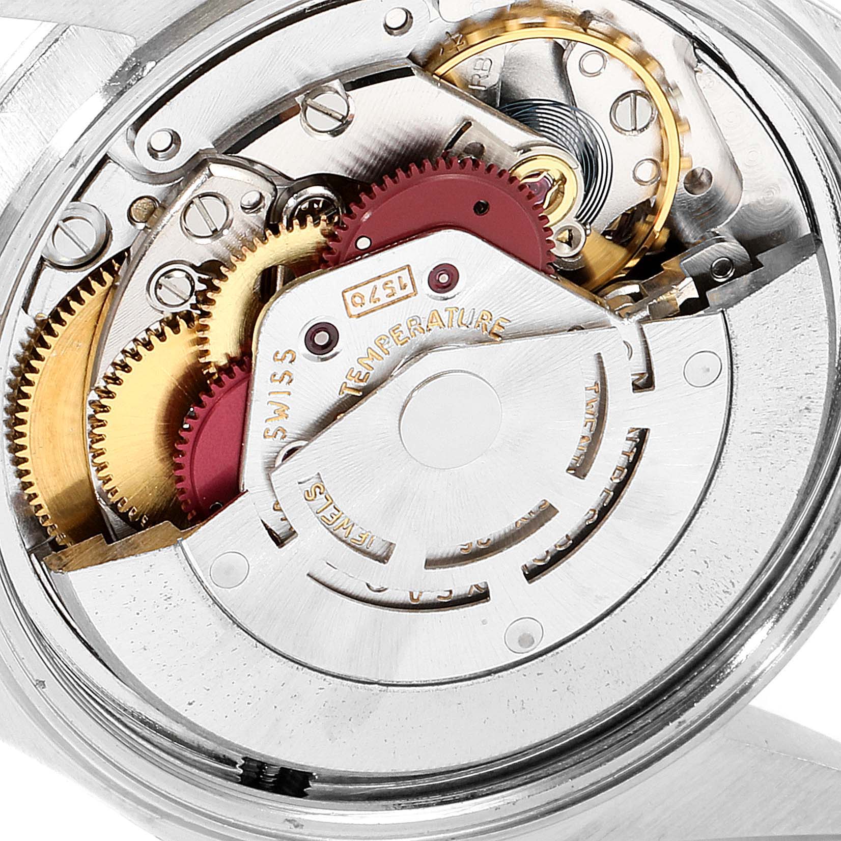 The image shows a close-up view of the intricate internal mechanism of the Rolex Vintage Collection 1601 Men
s Stainless Steel Silver Dial 1601 Men
s Stainless Steel Silver Dial model watch.