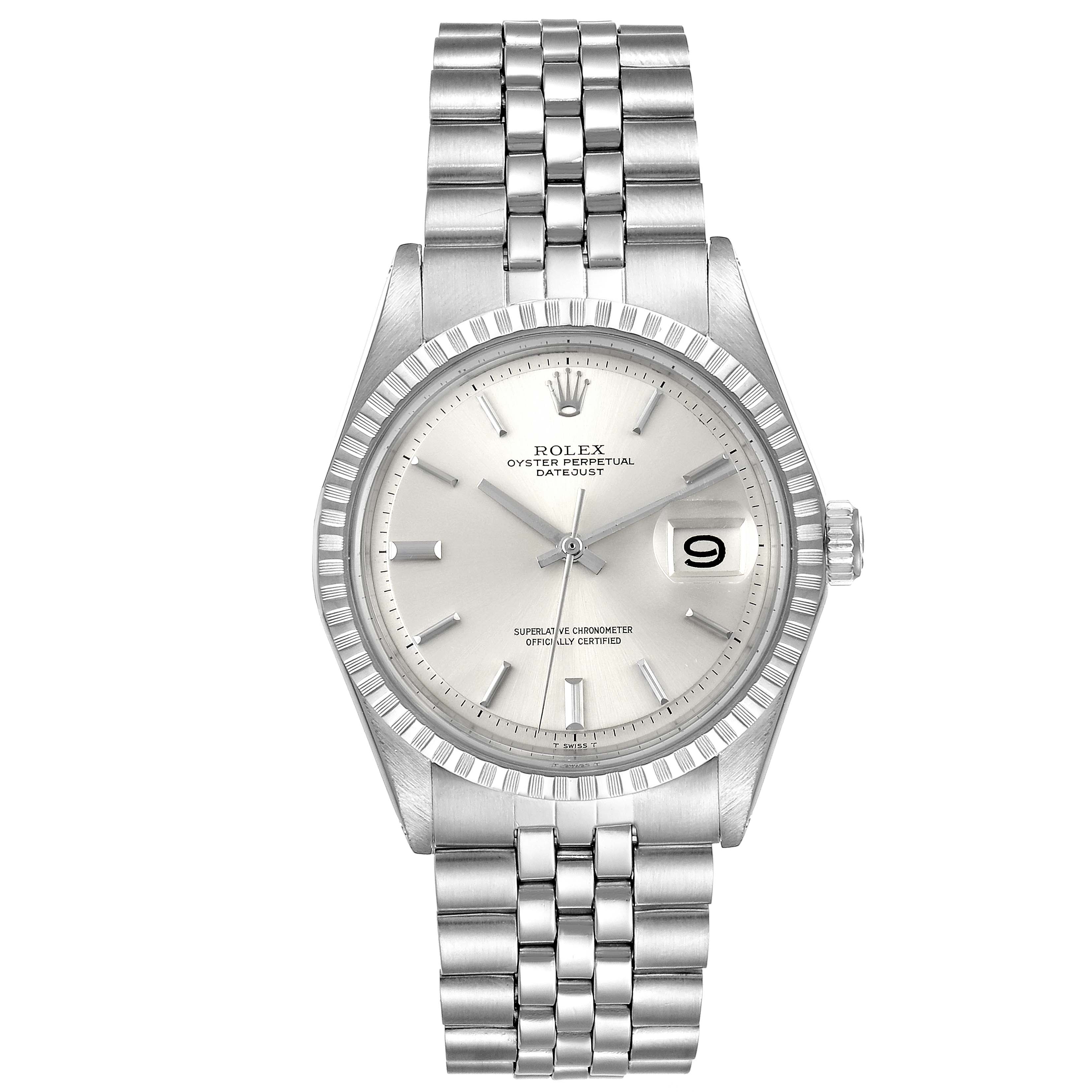 The image shows a front view of a Rolex Vintage Collection 1601 Men
s Stainless Steel Silver Dial 1601 Men
s Stainless Steel Silver Dial watch, featuring the dial, bezel, crown, and bracelet.