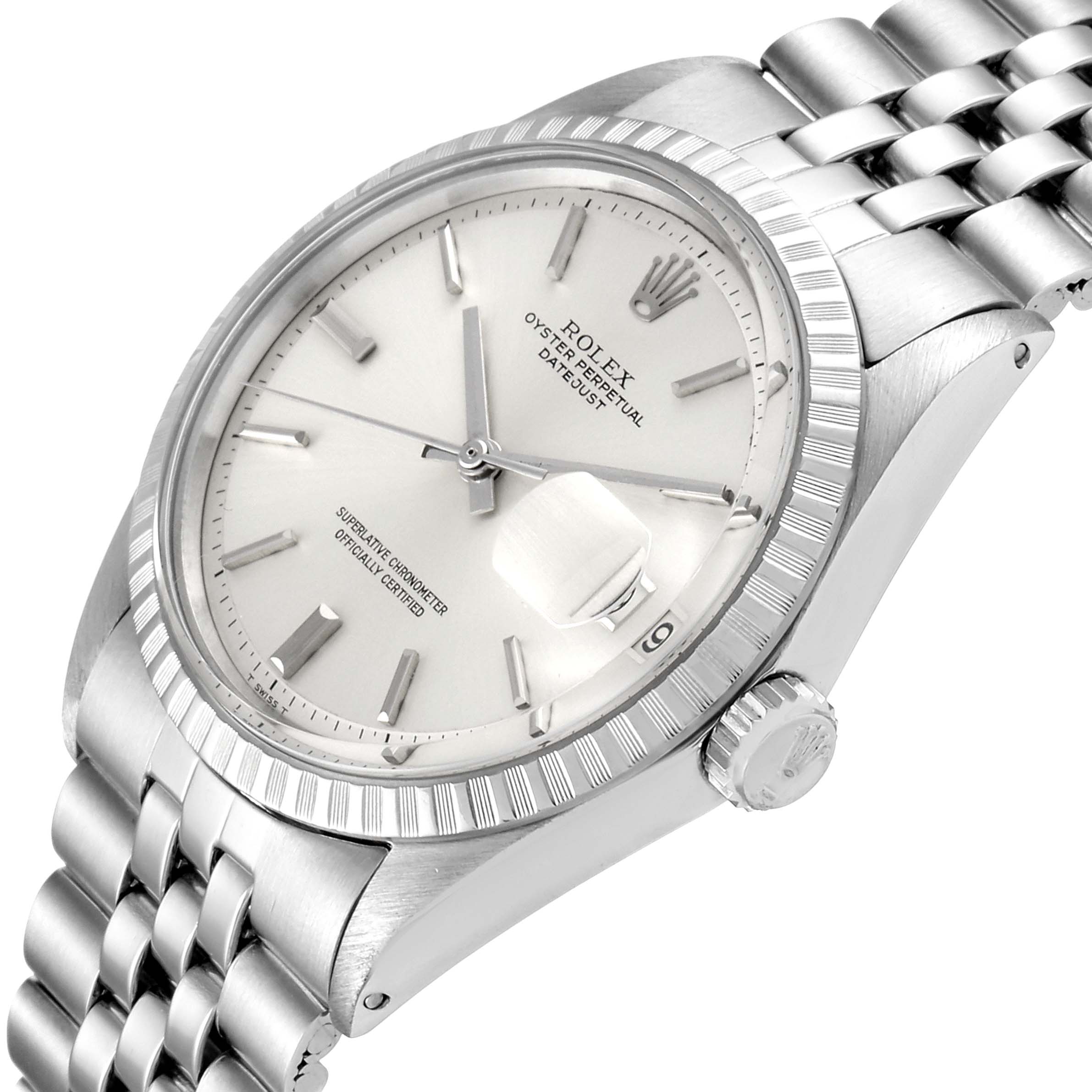 The Rolex Vintage Collection 1601 Men
s Stainless Steel Silver Dial 1601 Men
s Stainless Steel Silver Dial watch is shown at an angled view, highlighting the dial, bezel, crown, and part of the bracelet.