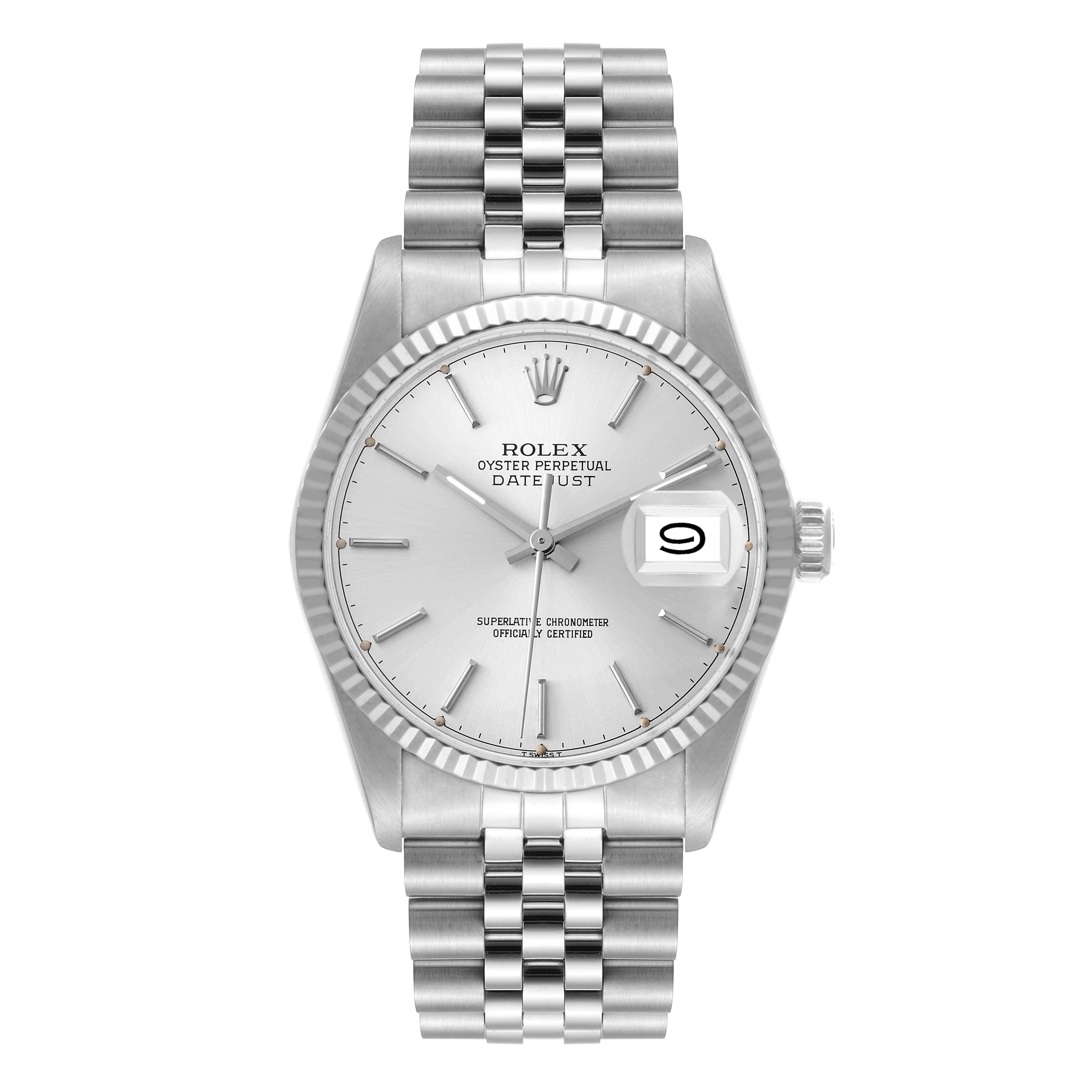 This image shows a front view of the Rolex Vintage Collection 16014 Men
s Stainless Steel Silver Dial 16014 Men
s Stainless Steel Silver Dial Oyster Perpetual Datejust watch, featuring its face, bezel, and bracelet.