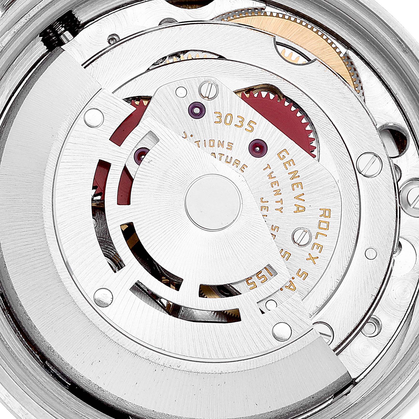 This angle shows the internal mechanism of the Rolex Vintage Collection 16014 Men
s Stainless Steel Silver Dial 16014 Men
s Stainless Steel Silver Dial model, focusing on the intricate gear and movement components.