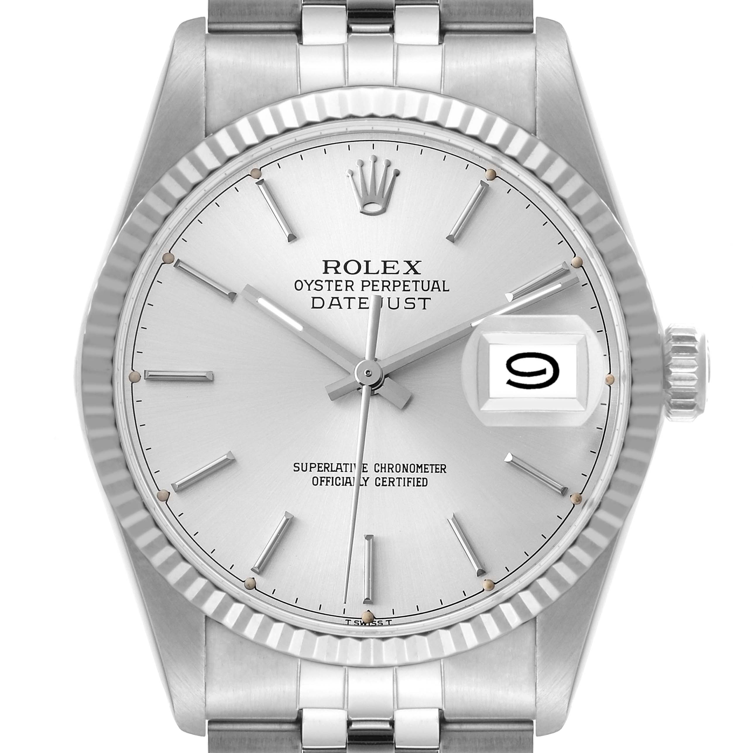 This is a close-up image of the Rolex Vintage Collection 16014 Men
s Stainless Steel Silver Dial 16014 Men
s Stainless Steel Silver Dial Datejust watch, showing the dial, bezel, crown, and part of the bracelet.