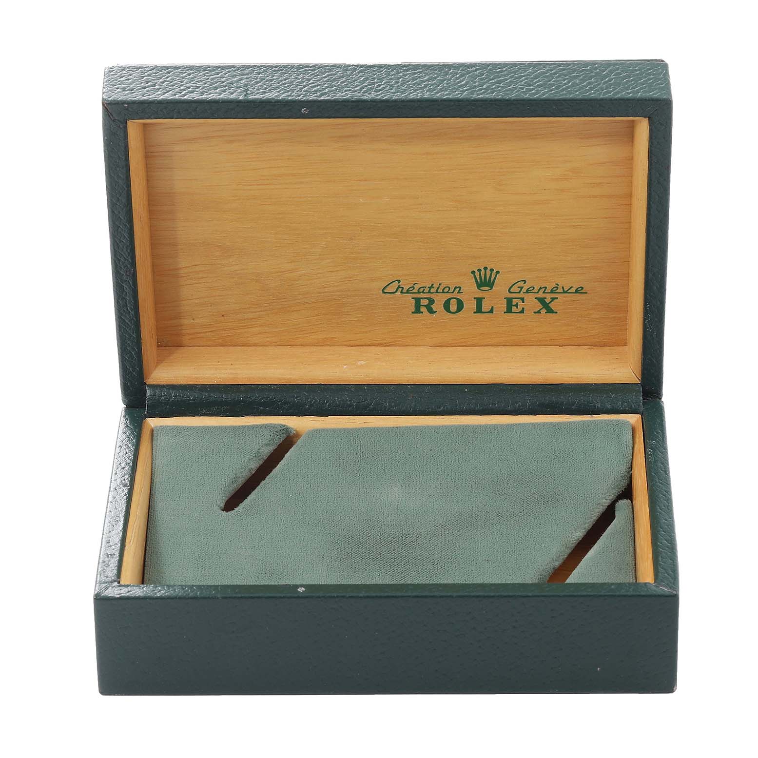 The image shows an open green and wood Rolex Vintage Collection 16014 Men
s Stainless Steel Silver Dial 16014 Men
s Stainless Steel Silver Dial watch box, angled from the front.