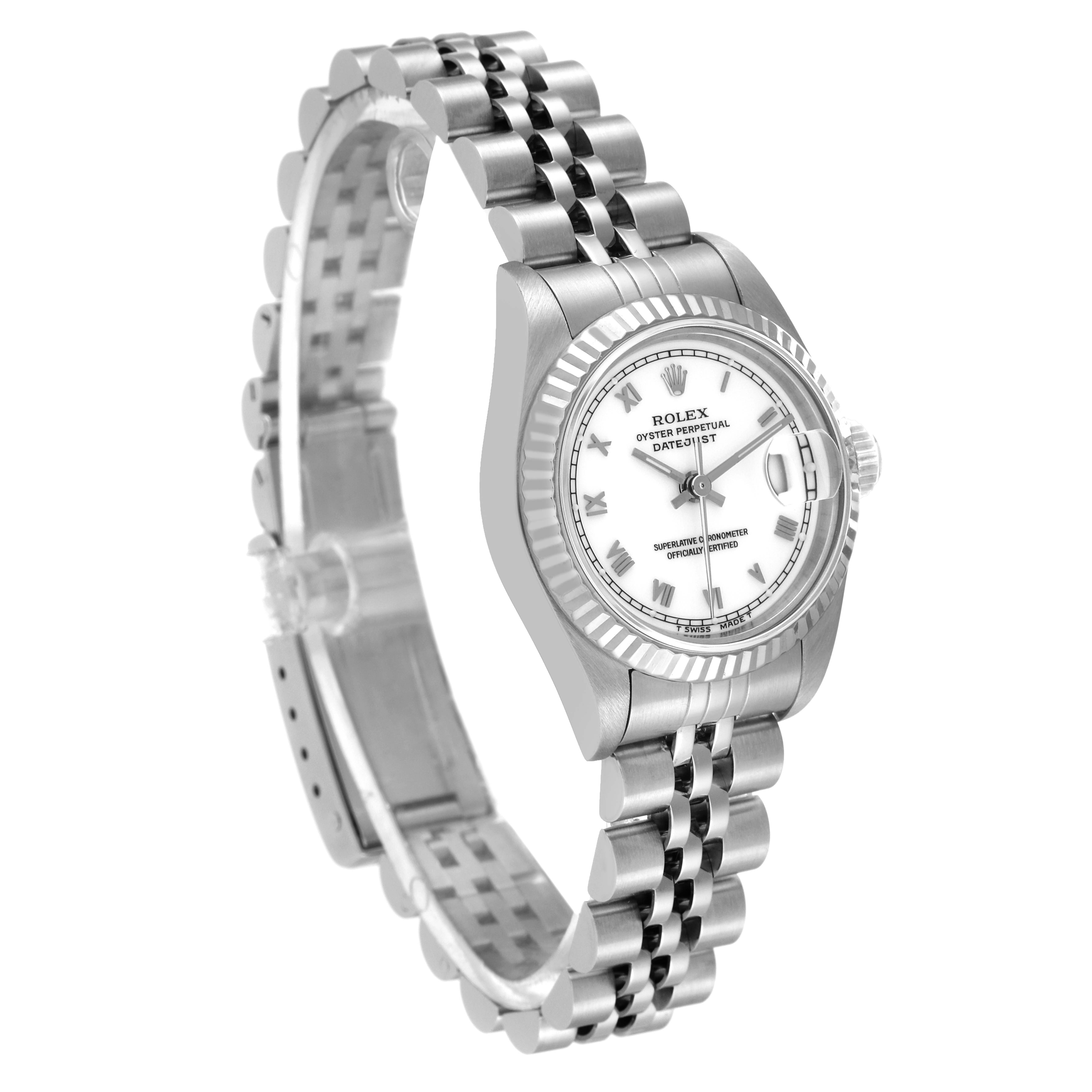 The image shows a Rolex Datejust 69174 Women's Stainless Steel White Dial 69174 Women's Stainless Steel White Dial watch at a 3/4 angle, highlighting the bracelet, face, and fluted bezel.