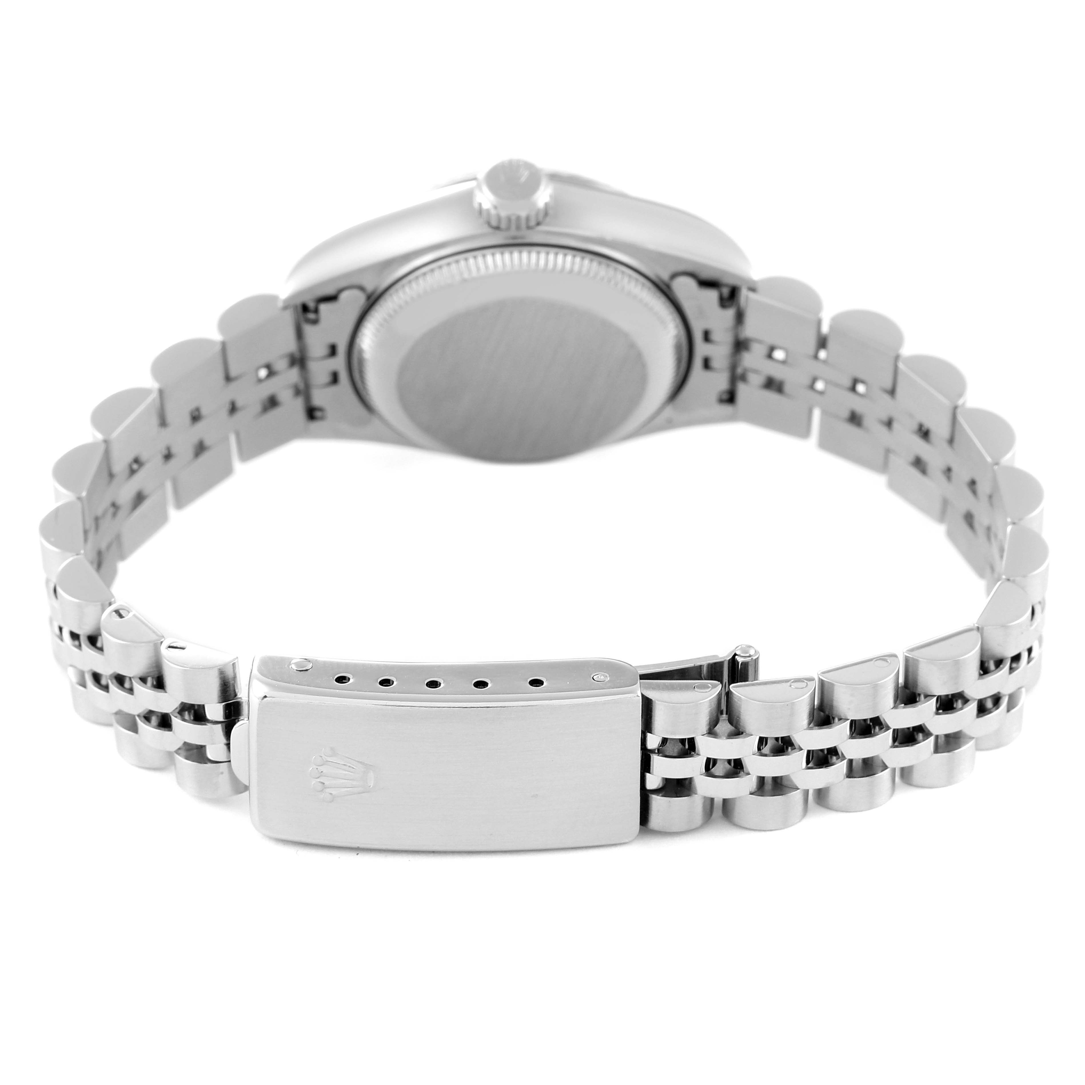 The image shows the back view of a Rolex Datejust 69174 Women's Stainless Steel White Dial 69174 Women's Stainless Steel White Dial watch, focusing on the case back, crown, and bracelet clasp.