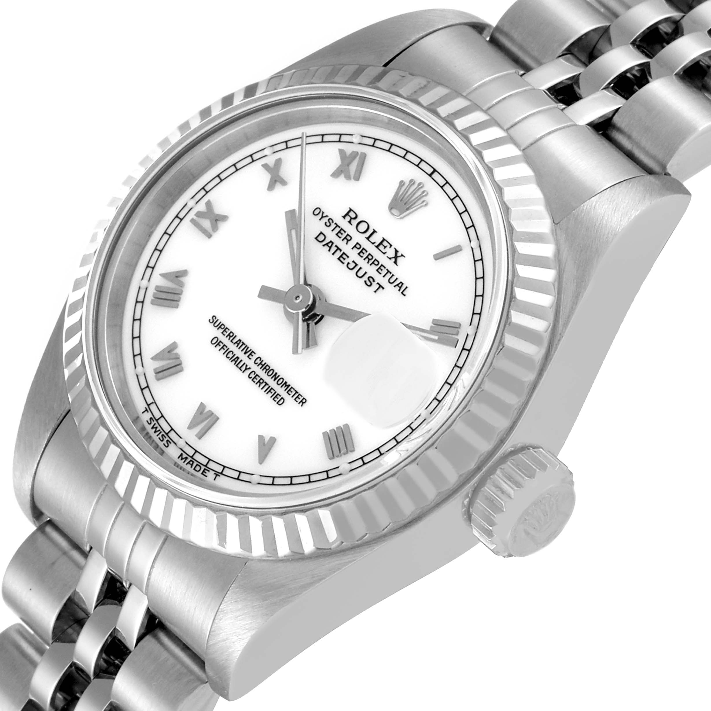 This image shows a close-up view of the Rolex Datejust 69174 Women's Stainless Steel White Dial 69174 Women's Stainless Steel White Dial, displaying its dial, bezel, crown, and part of the bracelet at an angle.