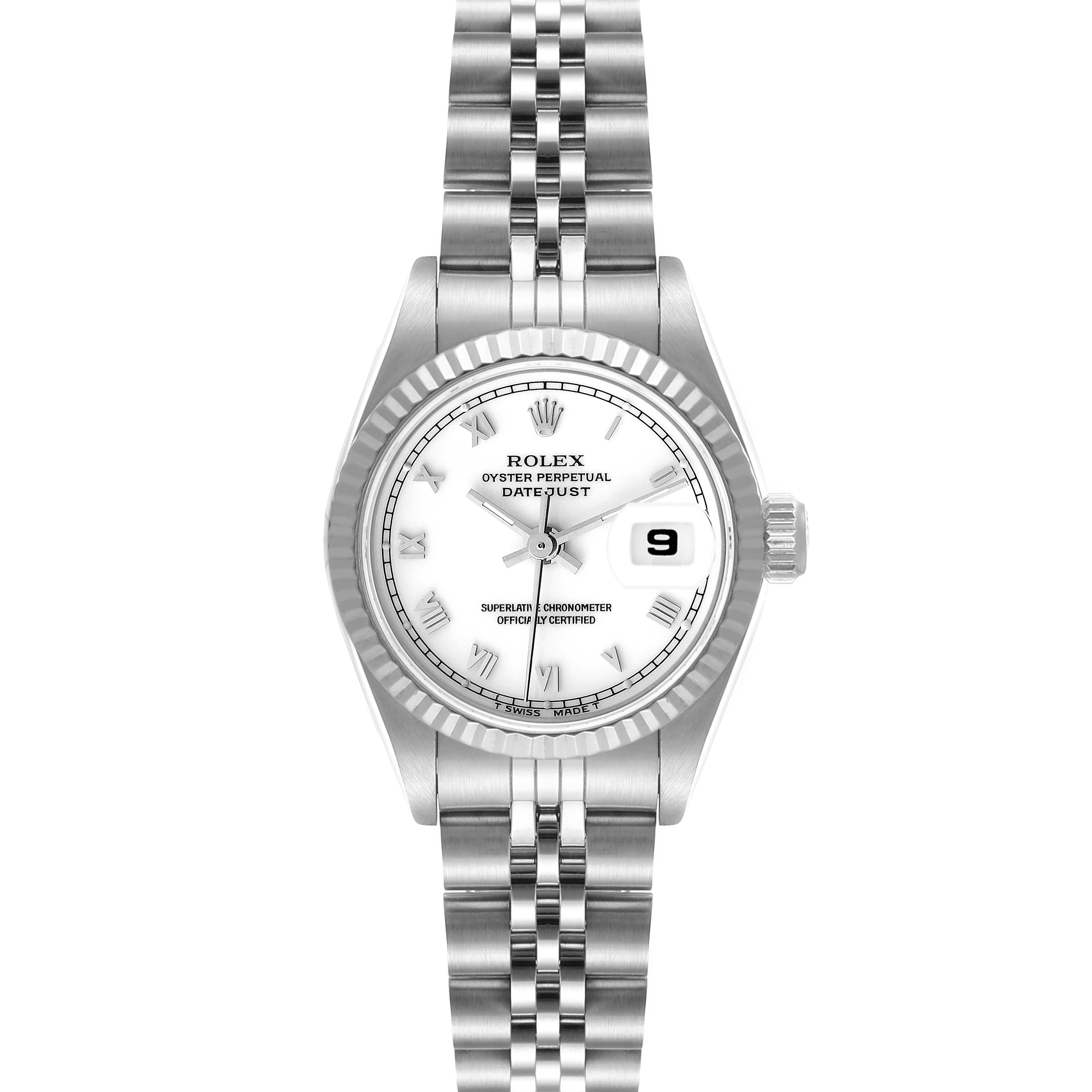 The image shows a front view of a Rolex Datejust 69174 Women's Stainless Steel White Dial 69174 Women's Stainless Steel White Dial watch, featuring its dial, bezel, and Jubilee bracelet.