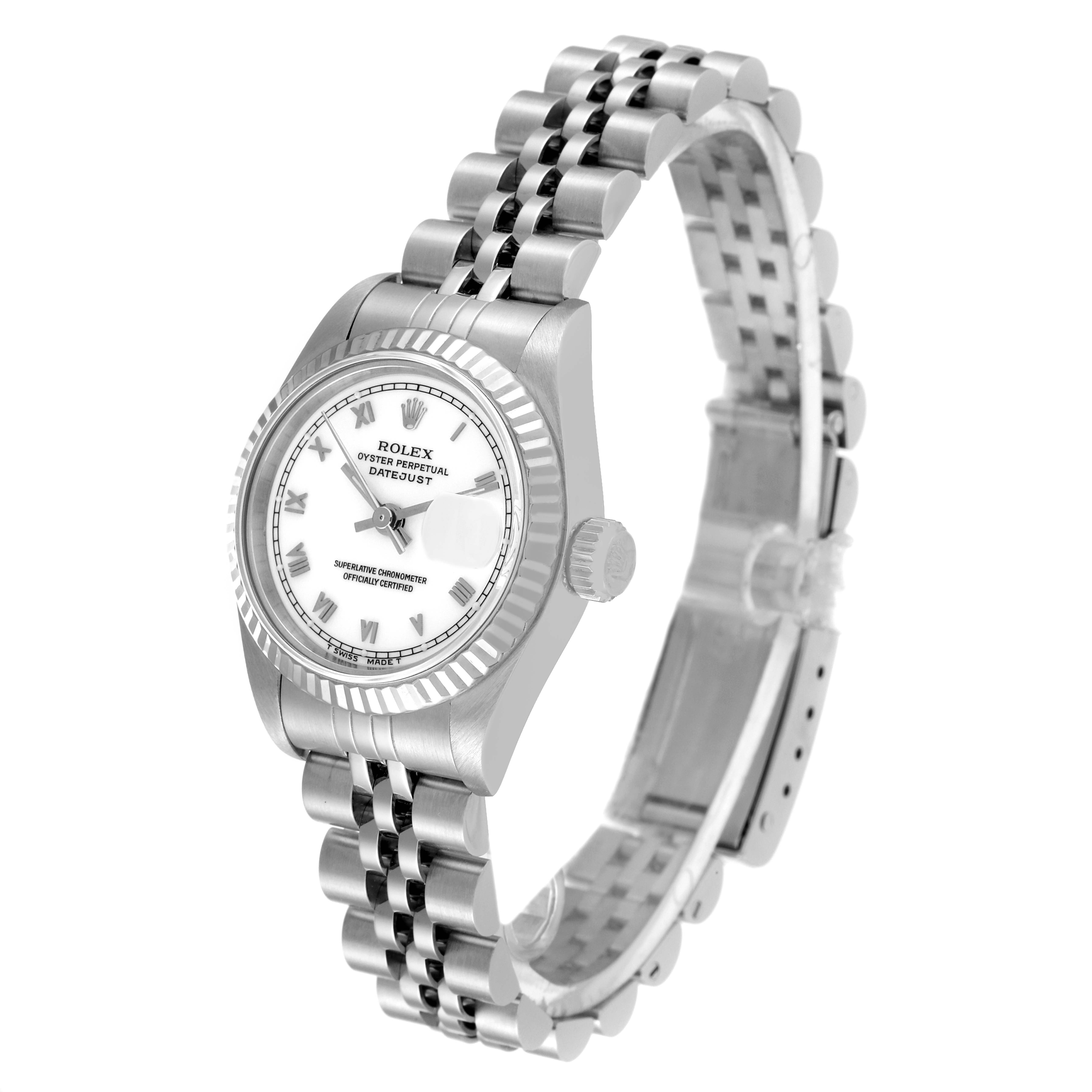 The Rolex Datejust 69174 Women's Stainless Steel White Dial 69174 Women's Stainless Steel White Dial watch is shown at a slight angle, displaying the dial, bezel, crown, and bracelet.