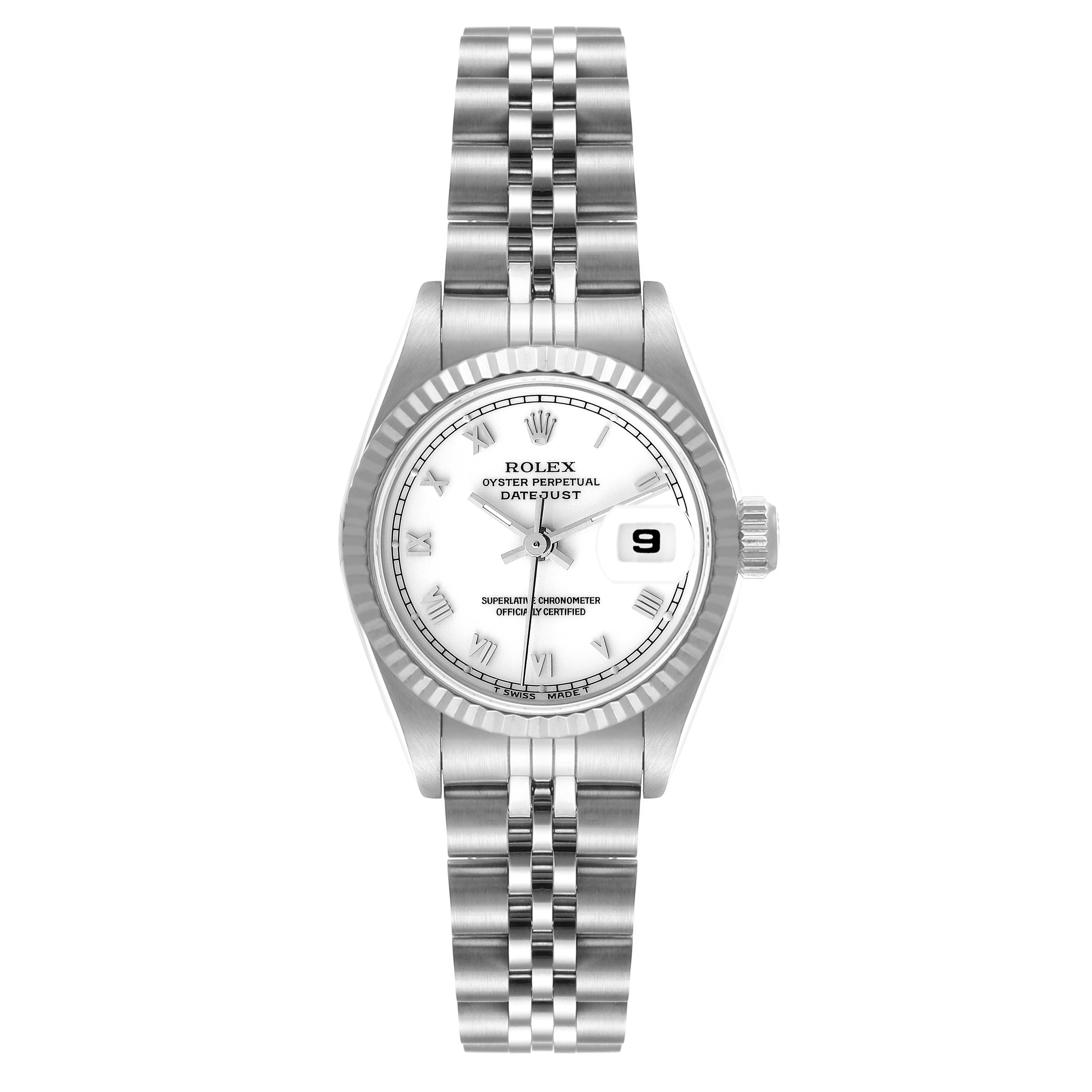 This image shows a Rolex Datejust 69174 Women's Stainless Steel White Dial 69174 Women's Stainless Steel White Dial watch from a front angle, highlighting the dial, bezel, bracelet, and date window.