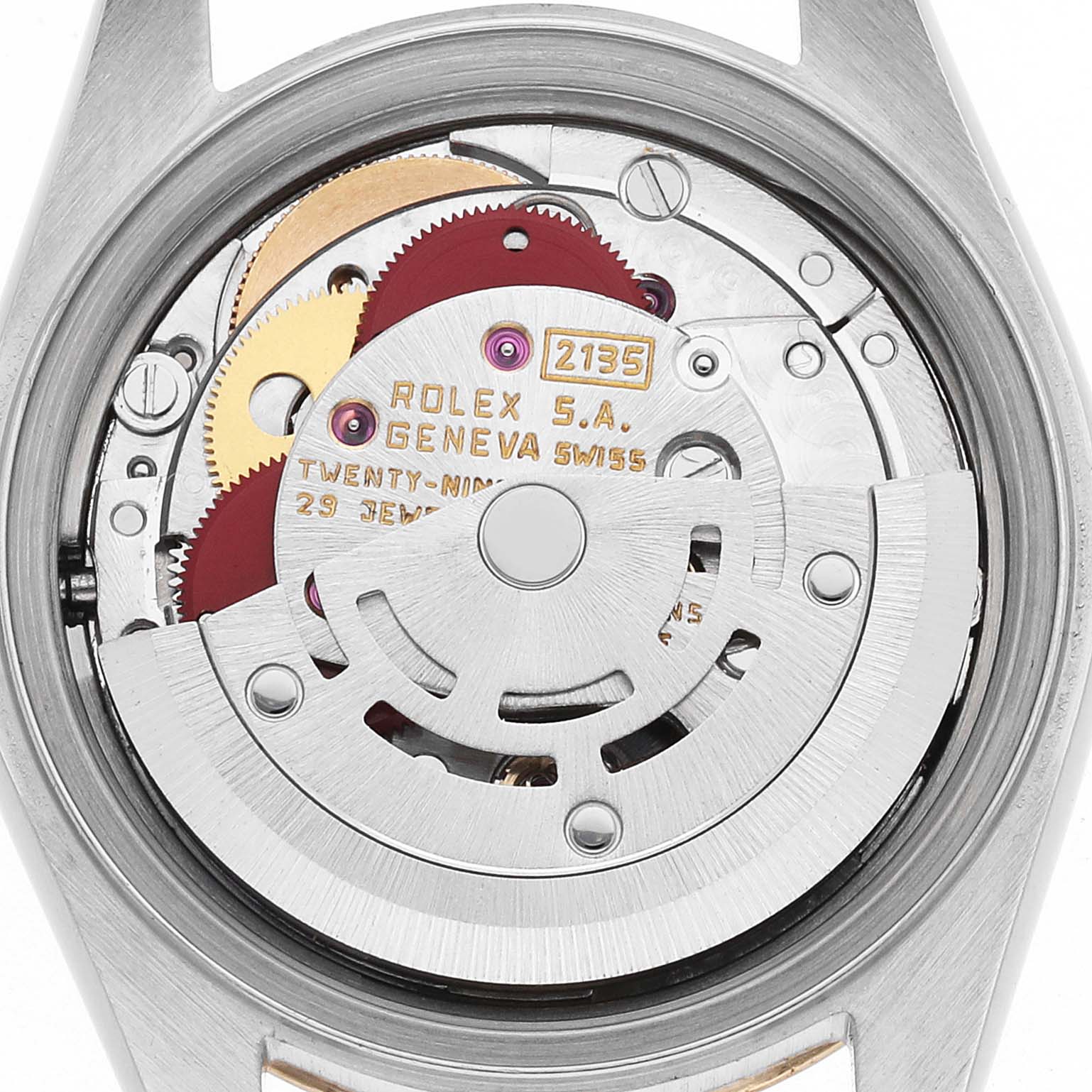 The image shows the movement of a Rolex Datejust 69163 Women's Steel and Gold (two tone) Black Dial watch from the back, highlighting gears and inscriptions.