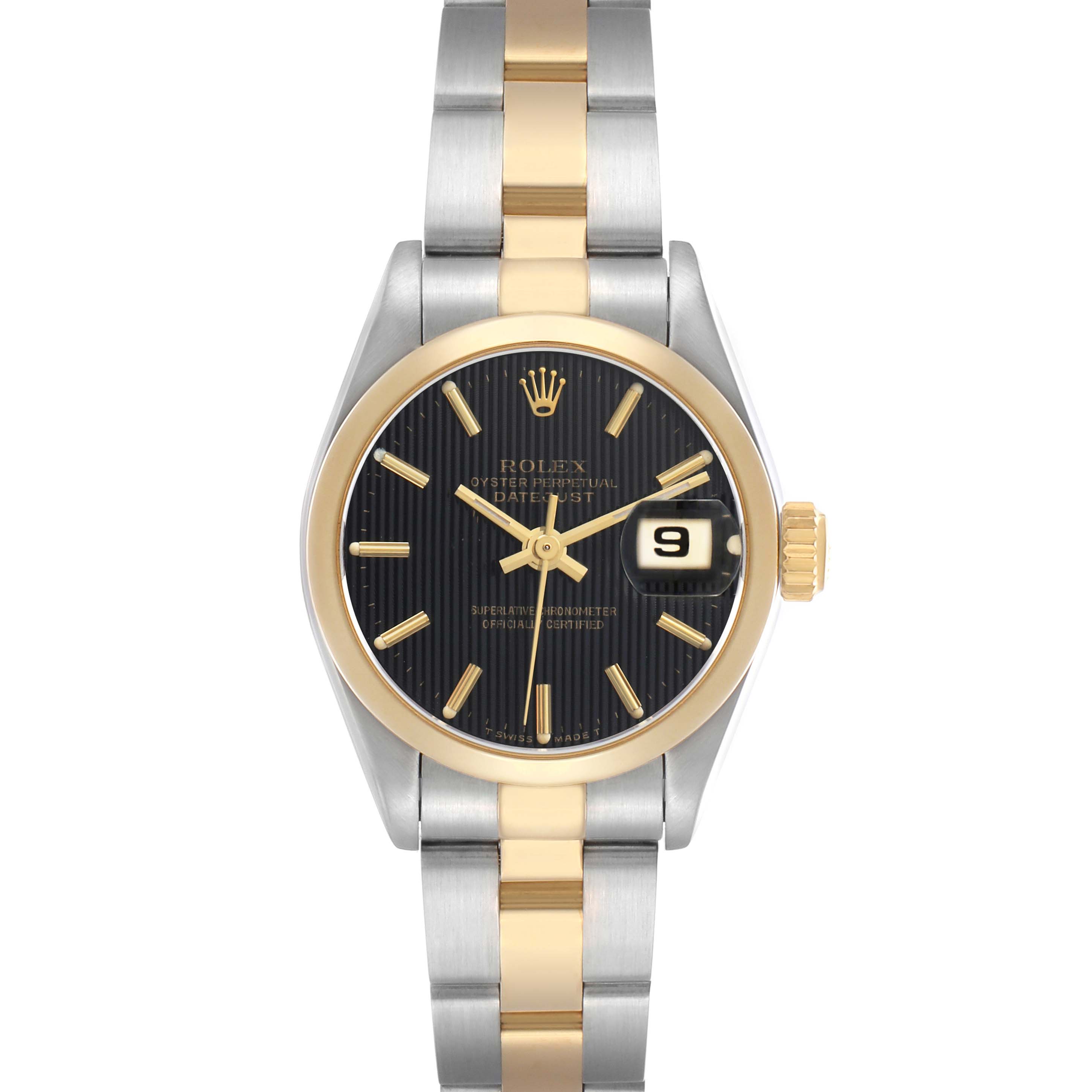 The Rolex Datejust 69163 Women's Steel and Gold (two tone) Black Dial is shown from the front, highlighting the dial, bezel, and two-tone bracelet.