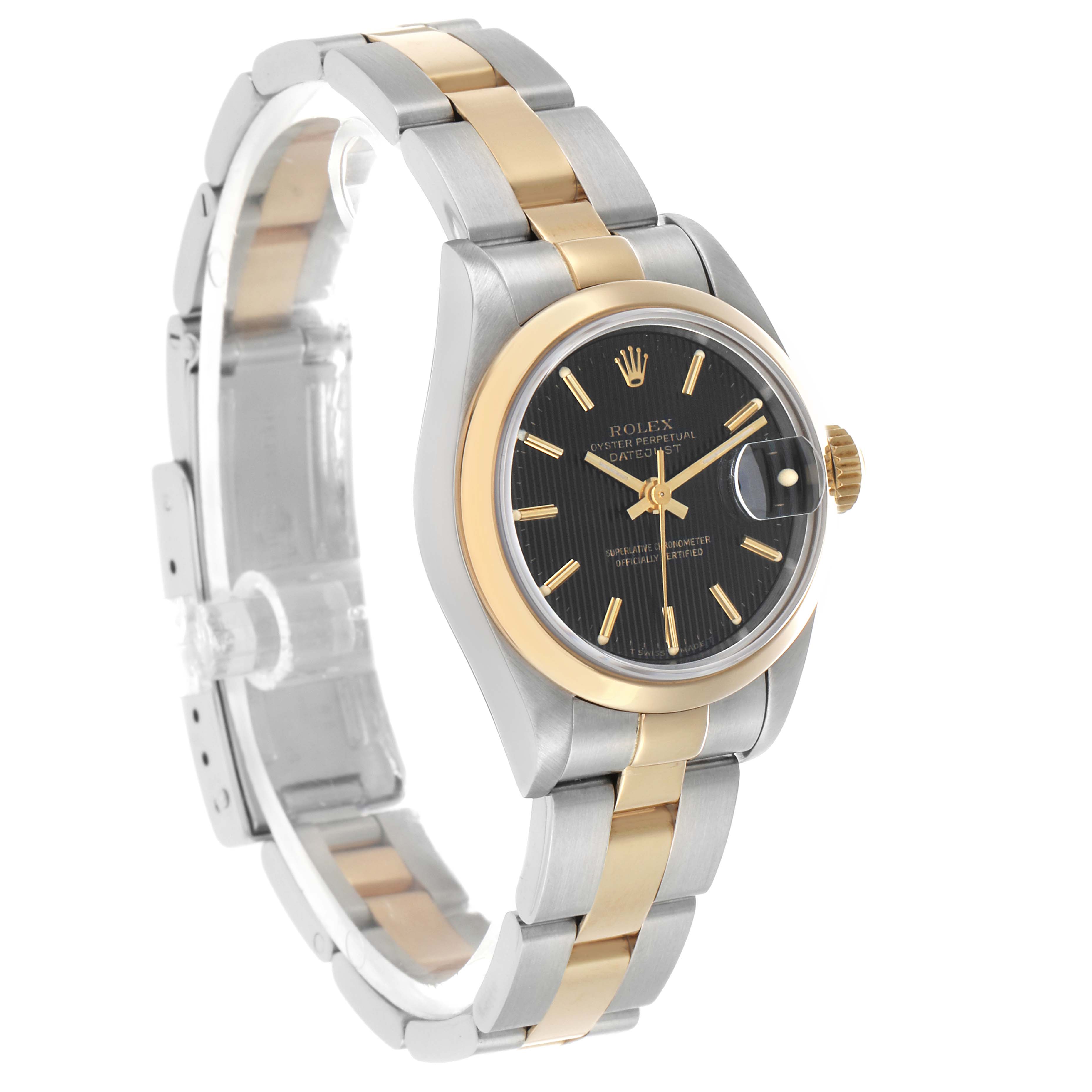 The Rolex Datejust 69163 Women's Steel and Gold (two tone) Black Dial watch is shown at an angled front view, displaying the dial, bezel, bracelet, and side crown.