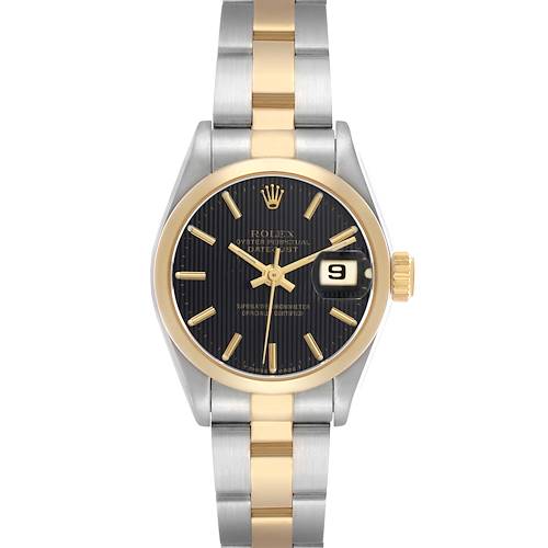This Rolex Datejust 69163 Women's Steel and Gold (two tone) Black Dial watch is shown from a straight-on angle, highlighting its face, bezel, and two-tone bracelet.