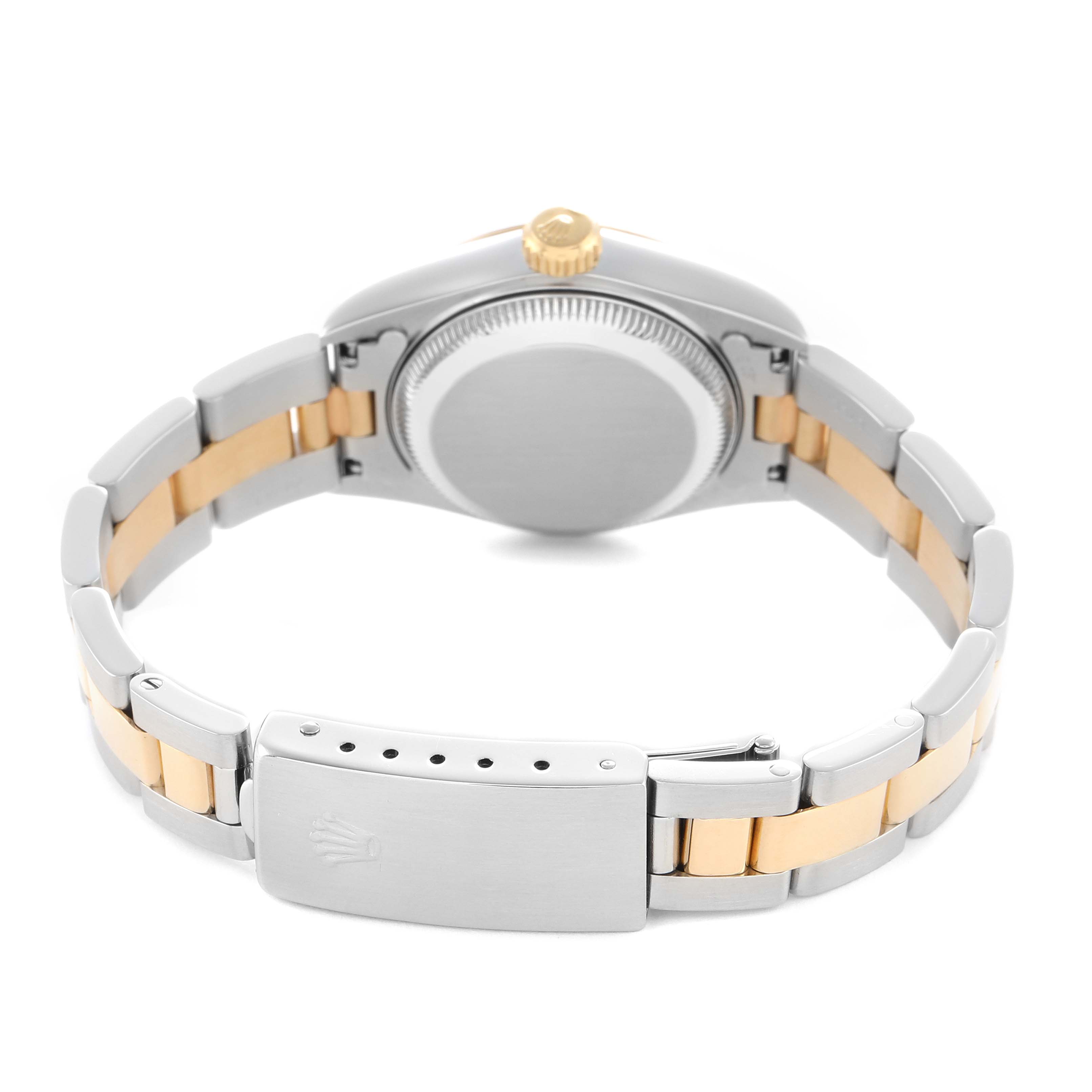 The Rolex Datejust 69163 Women's Steel and Gold (two tone) Black Dial watch is shown from the back, highlighting its case, crown, and two-tone bracelet with clasp.