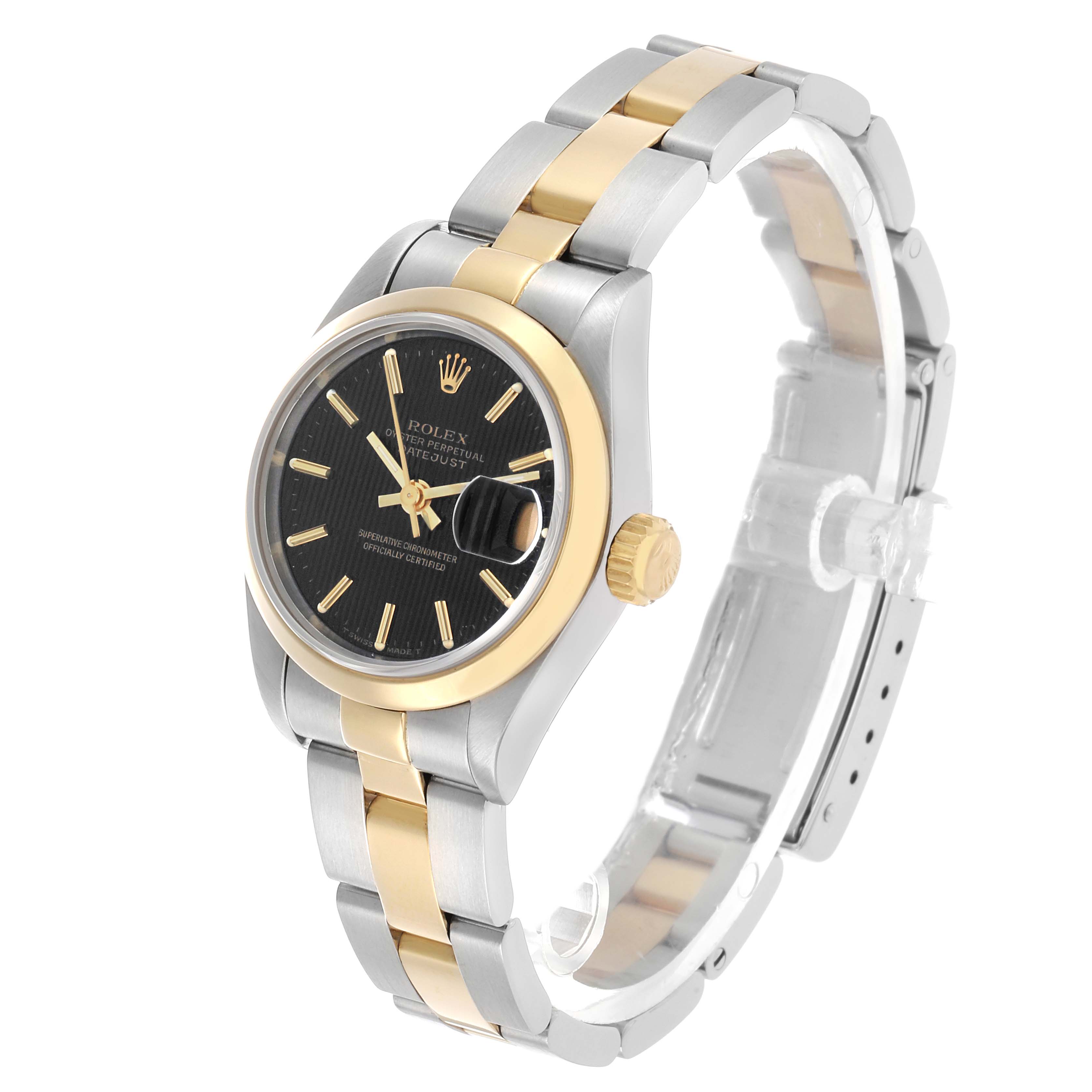 The Rolex Datejust 69163 Women's Steel and Gold (two tone) Black Dial watch is shown at a three-quarter angle, displaying the face, bezel, bracelet, and crown.