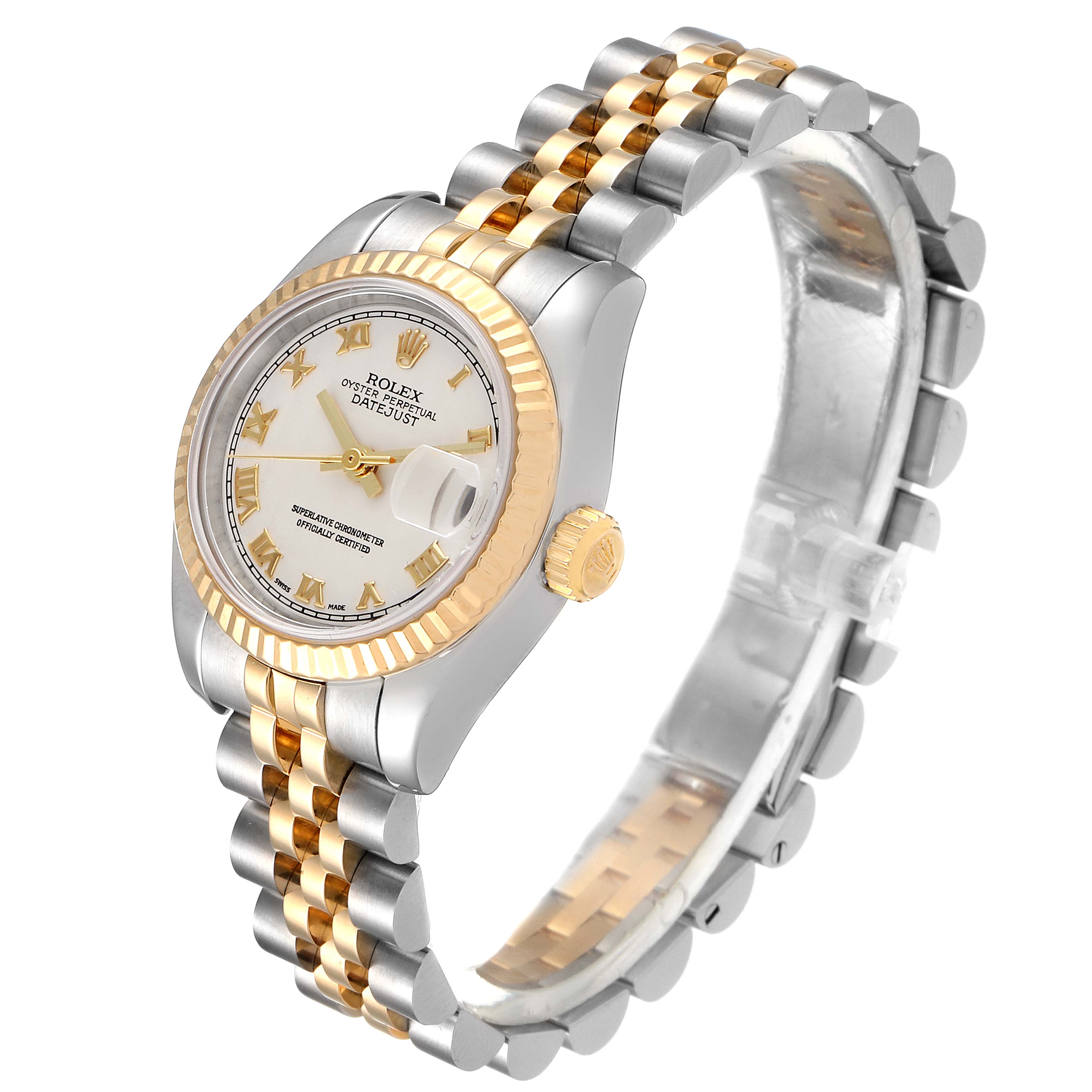 This Rolex Datejust 179173 Women
s Steel and Gold (two tone) Silver Dial 179173 Women
s Steel and Gold (two tone) Silver Dial watch is shown at a three-quarter angle, displaying the dial, crown, and two-tone bracelet.