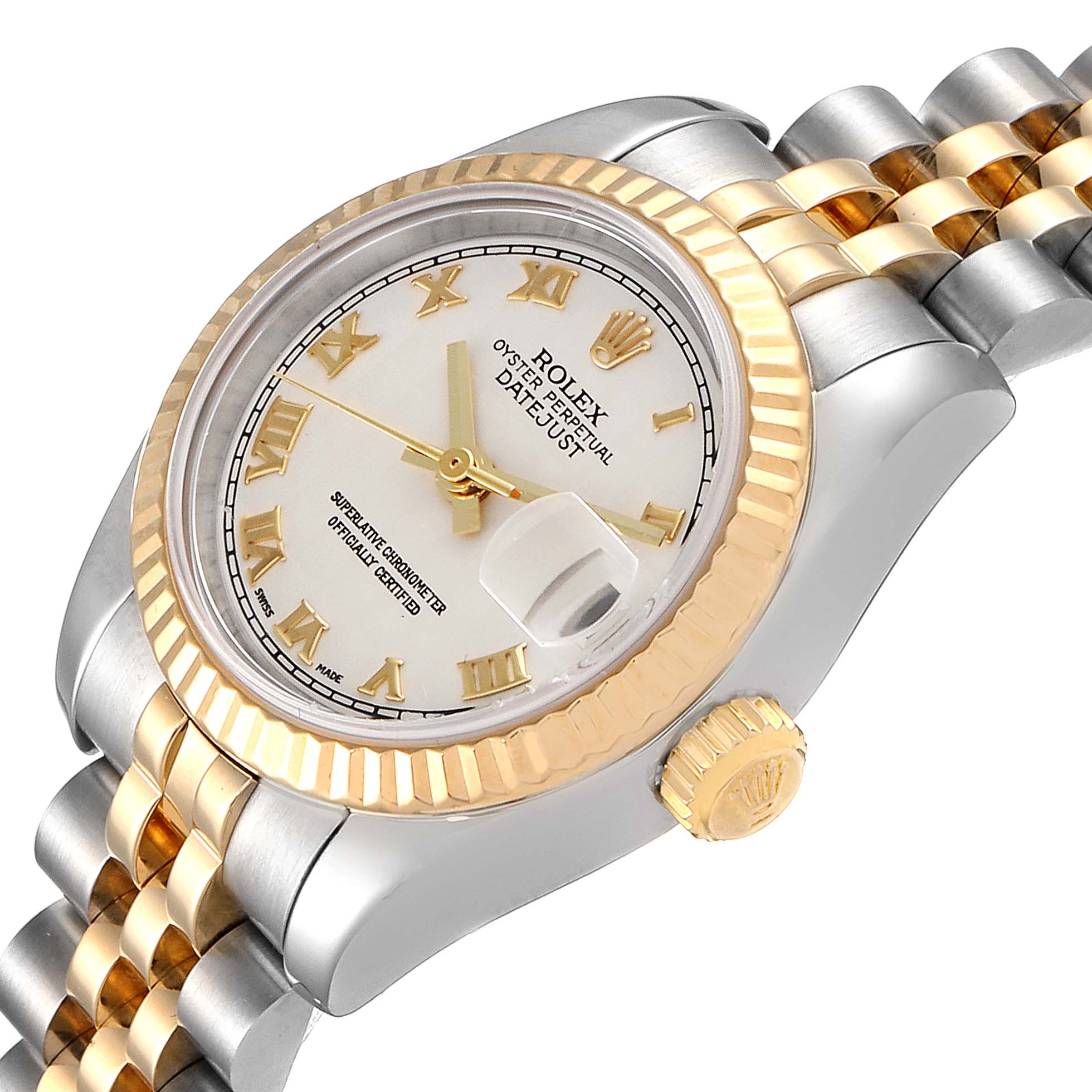 The Rolex Datejust 179173 Women
s Steel and Gold (two tone) Silver Dial 179173 Women
s Steel and Gold (two tone) Silver Dial watch is shown at an angle highlighting the dial, bezel, crown, and part of the bracelet.