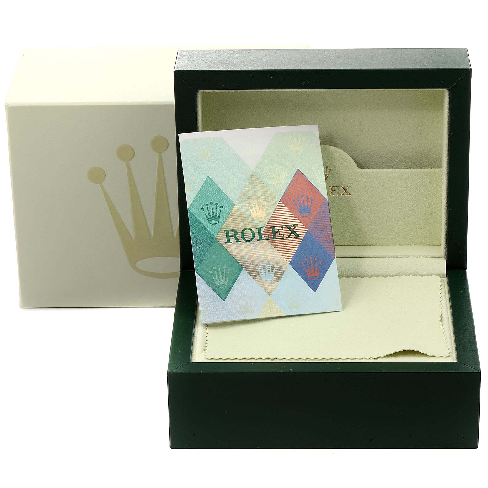 The image shows the open box and accessories for a Rolex Datejust 179173 Women
s Steel and Gold (two tone) Silver Dial 179173 Women
s Steel and Gold (two tone) Silver Dial watch, including a manual and a cleaning cloth.