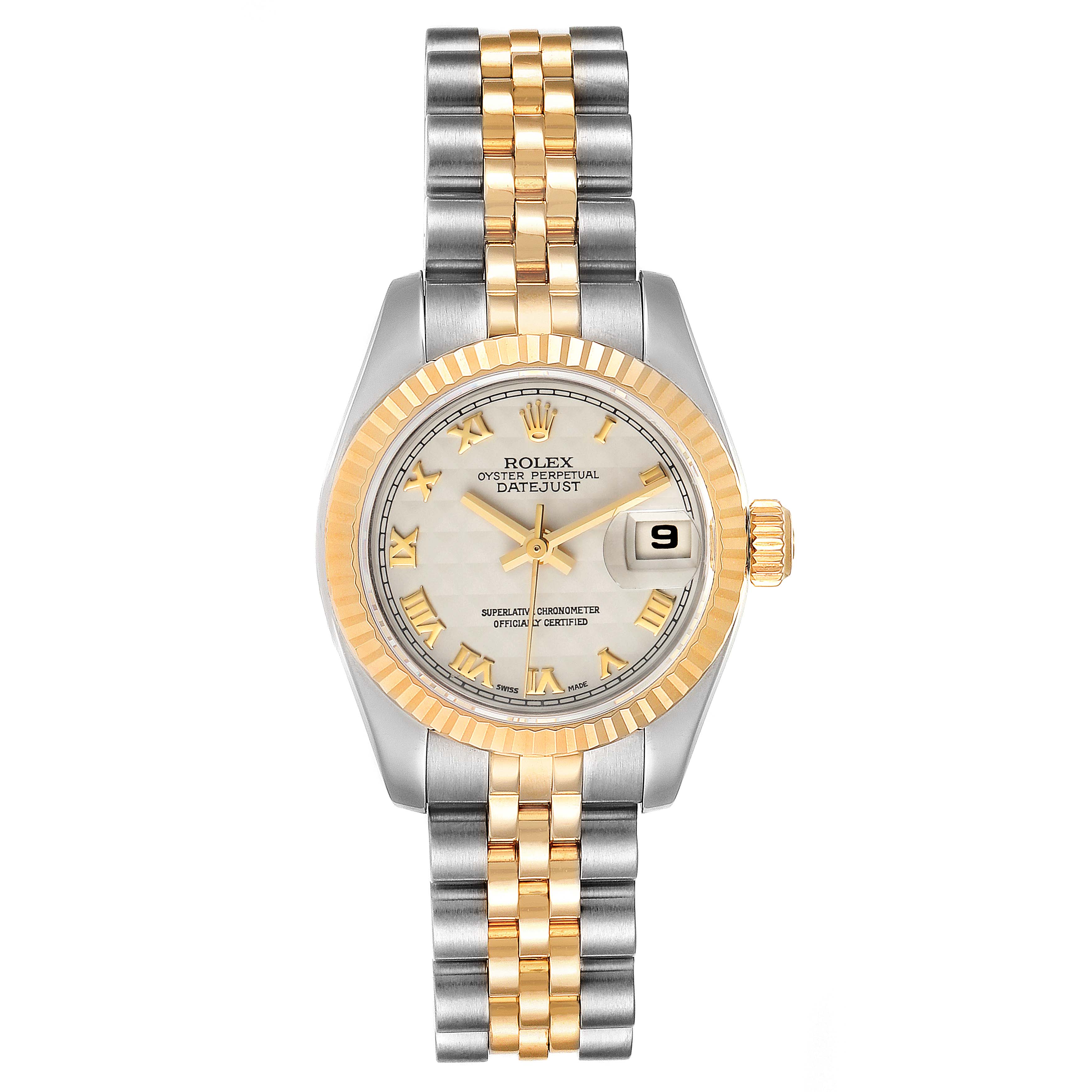 The Rolex Datejust 179173 Women
s Steel and Gold (two tone) Silver Dial 179173 Women
s Steel and Gold (two tone) Silver Dial watch is shown from a top-down angle, displaying the face, bezel, and bracelet.