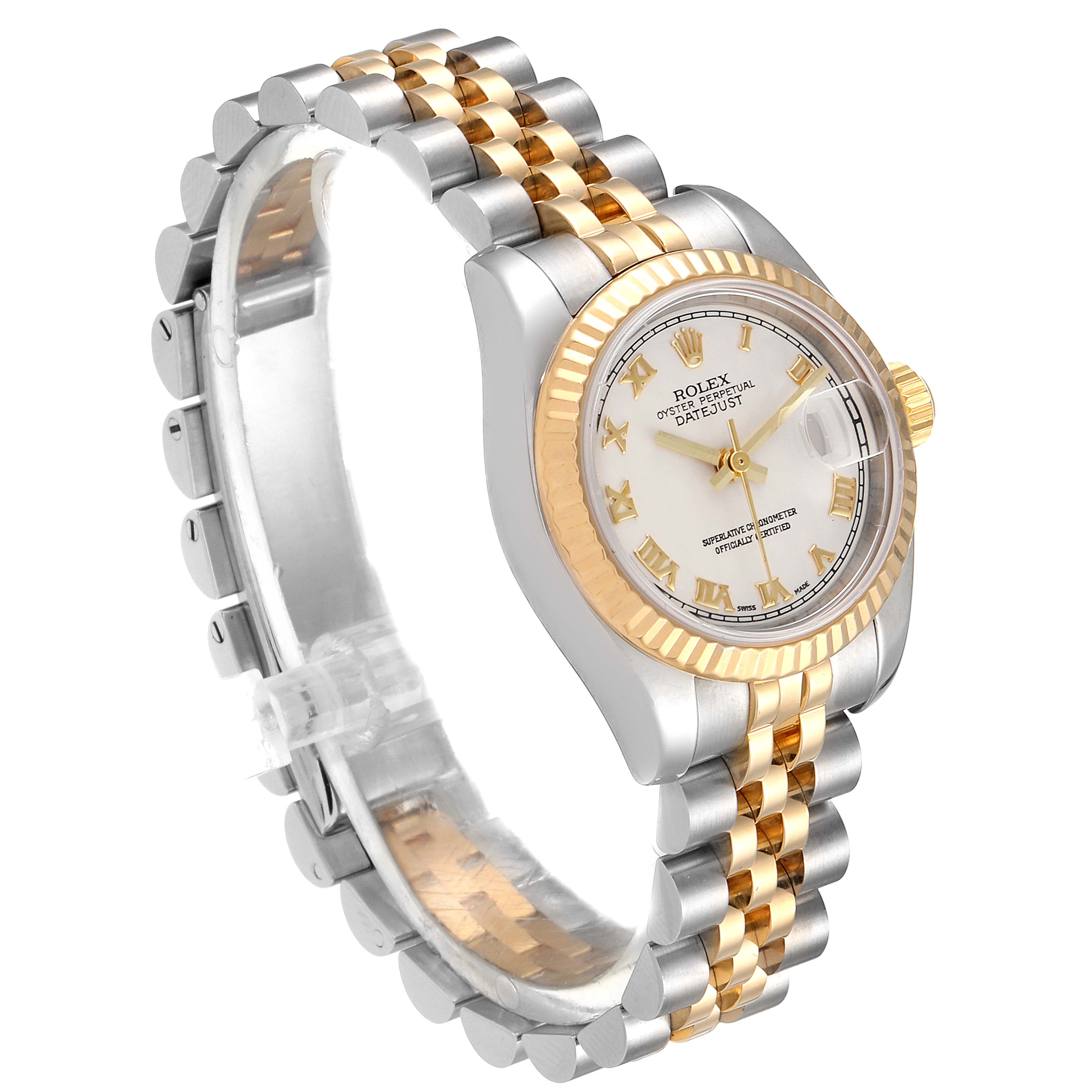 The image shows a Rolex Datejust 179173 Women
s Steel and Gold (two tone) Silver Dial 179173 Women
s Steel and Gold (two tone) Silver Dial watch at a three-quarter angle, highlighting its two-tone bracelet, fluted bezel, and dial.