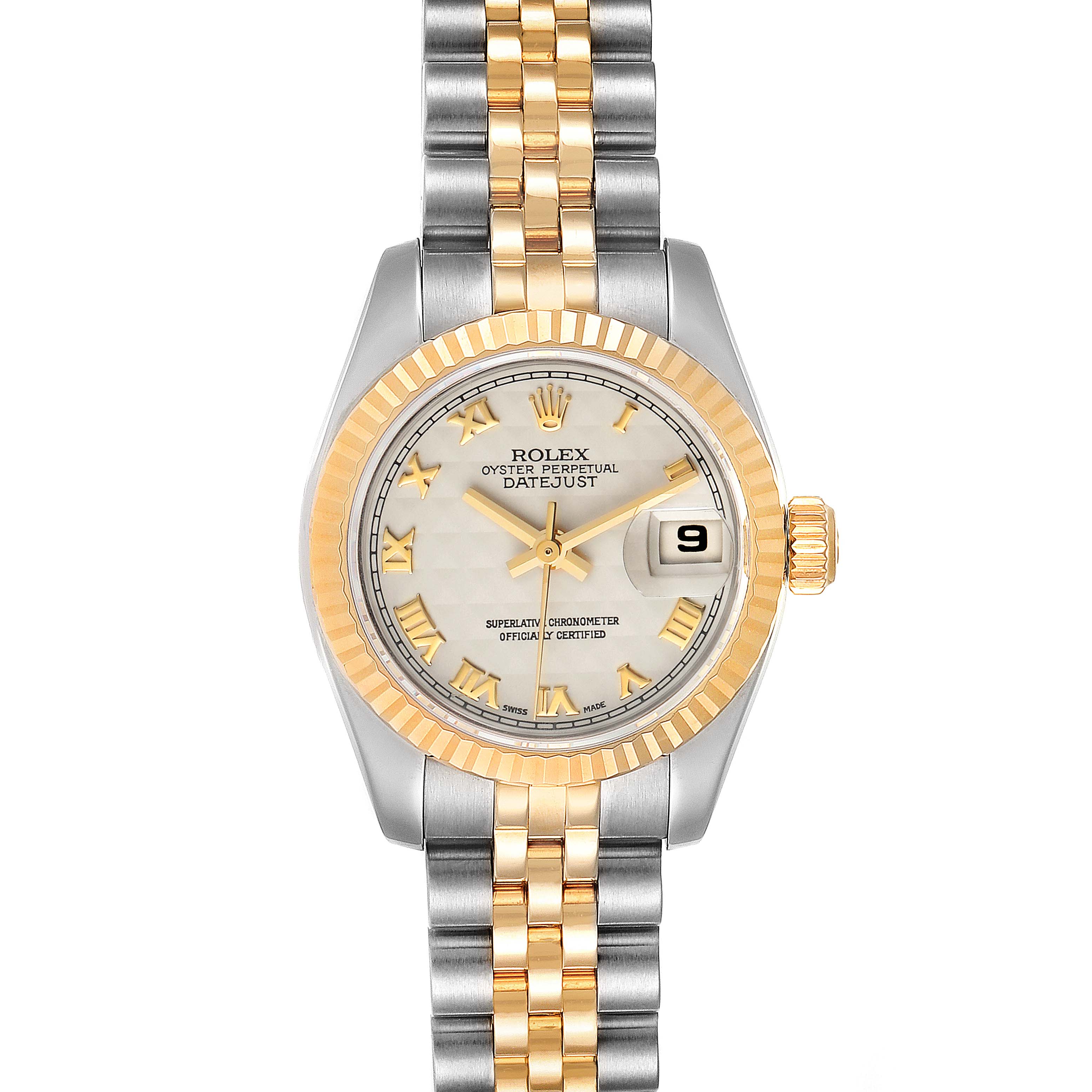 The image shows a front view of a Rolex Datejust 179173 Women
s Steel and Gold (two tone) Silver Dial 179173 Women
s Steel and Gold (two tone) Silver Dial watch, featuring a two-tone bracelet, fluted bezel, and a date display at 3 o
clock.