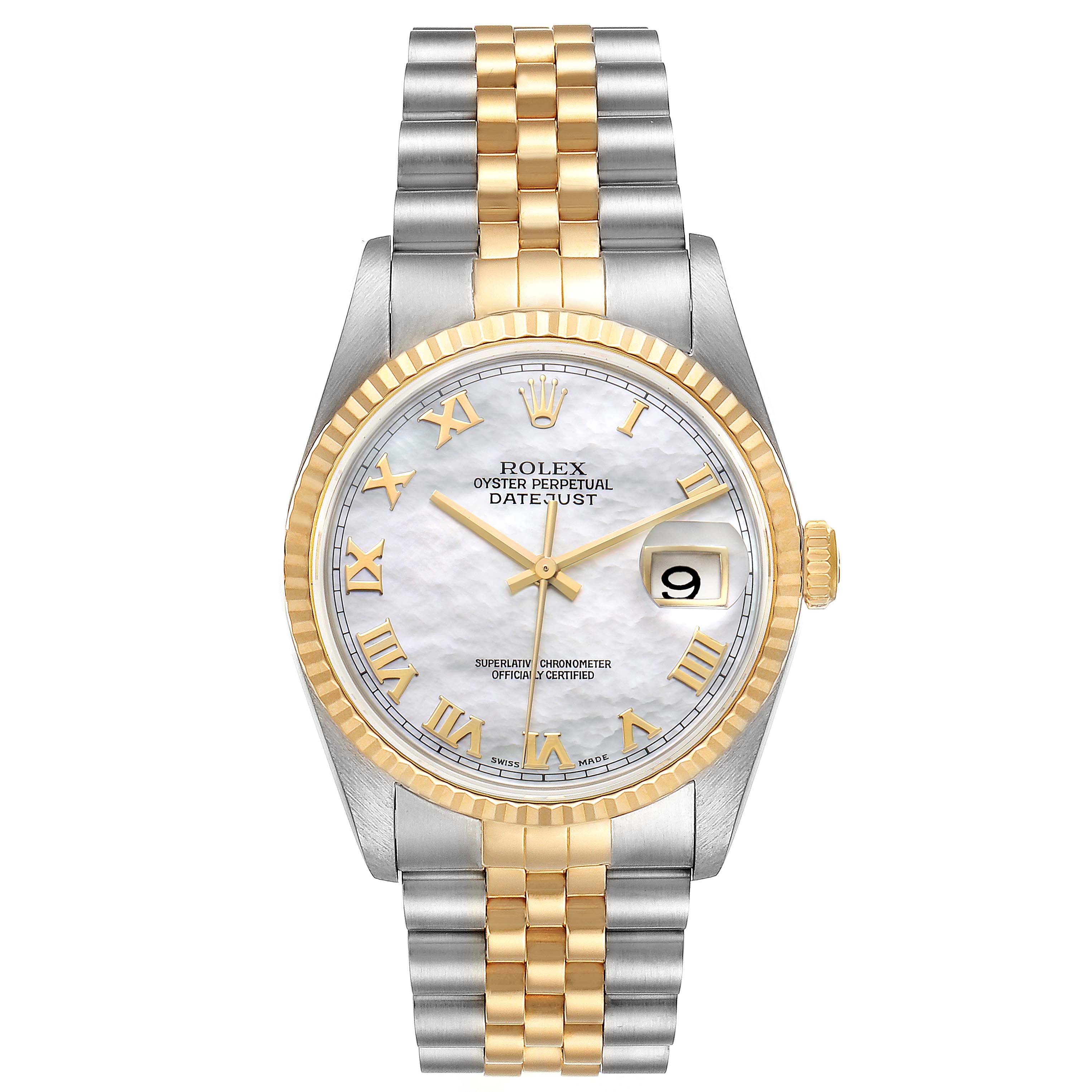 The image shows a front view of a Rolex Datejust 16233 Men
s Steel and Gold (two tone) Mother of Pearl Dial 16233 Men
s Steel and Gold (two tone) Mother of Pearl Dial watch, displaying the dial, bezel, band, and date window.
