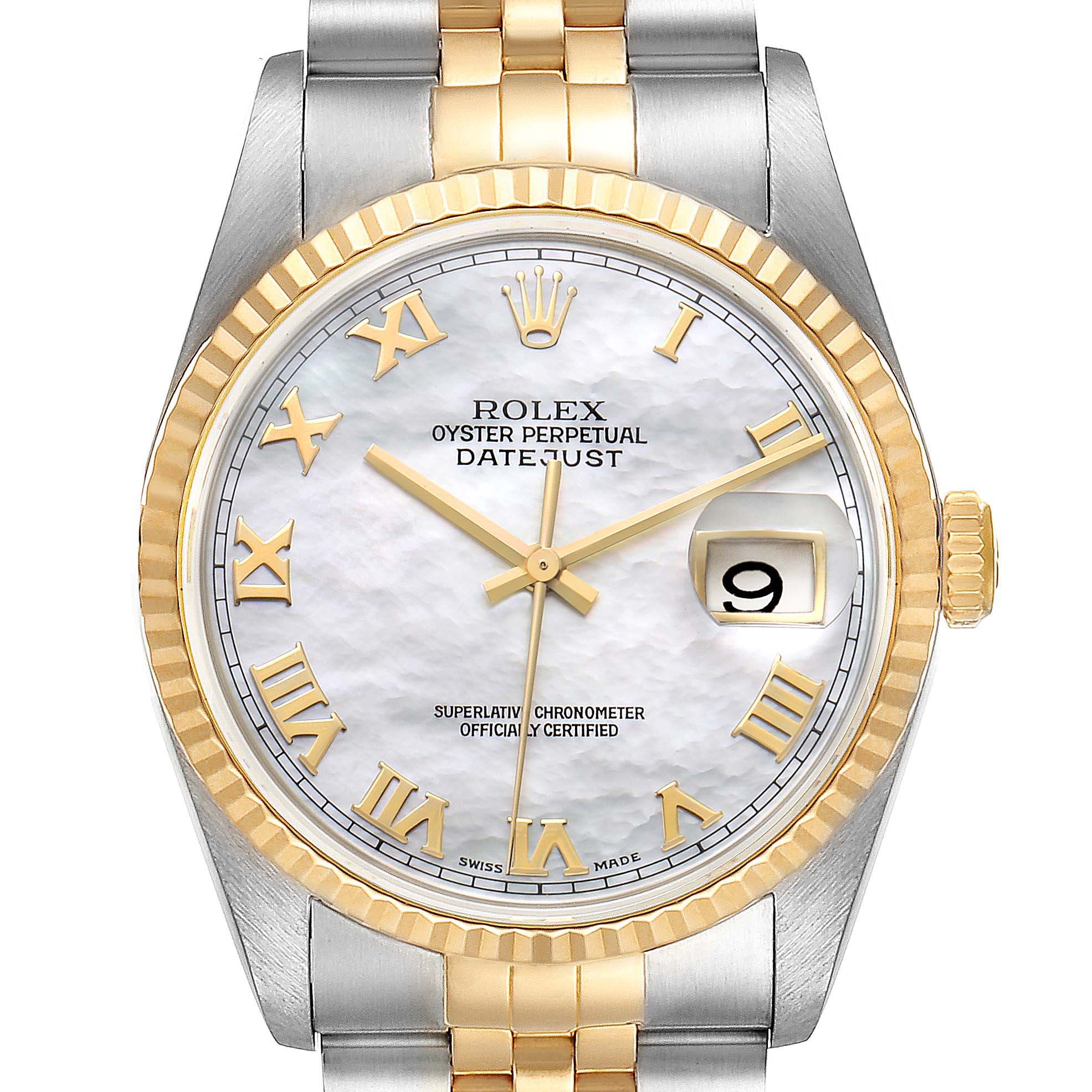 This Rolex Datejust 16233 Men
s Steel and Gold (two tone) Mother of Pearl Dial 16233 Men
s Steel and Gold (two tone) Mother of Pearl Dial model watch is shown in a front-facing angle, displaying its dial, fluted bezel, bracelet, and date window at 3 o
clock.