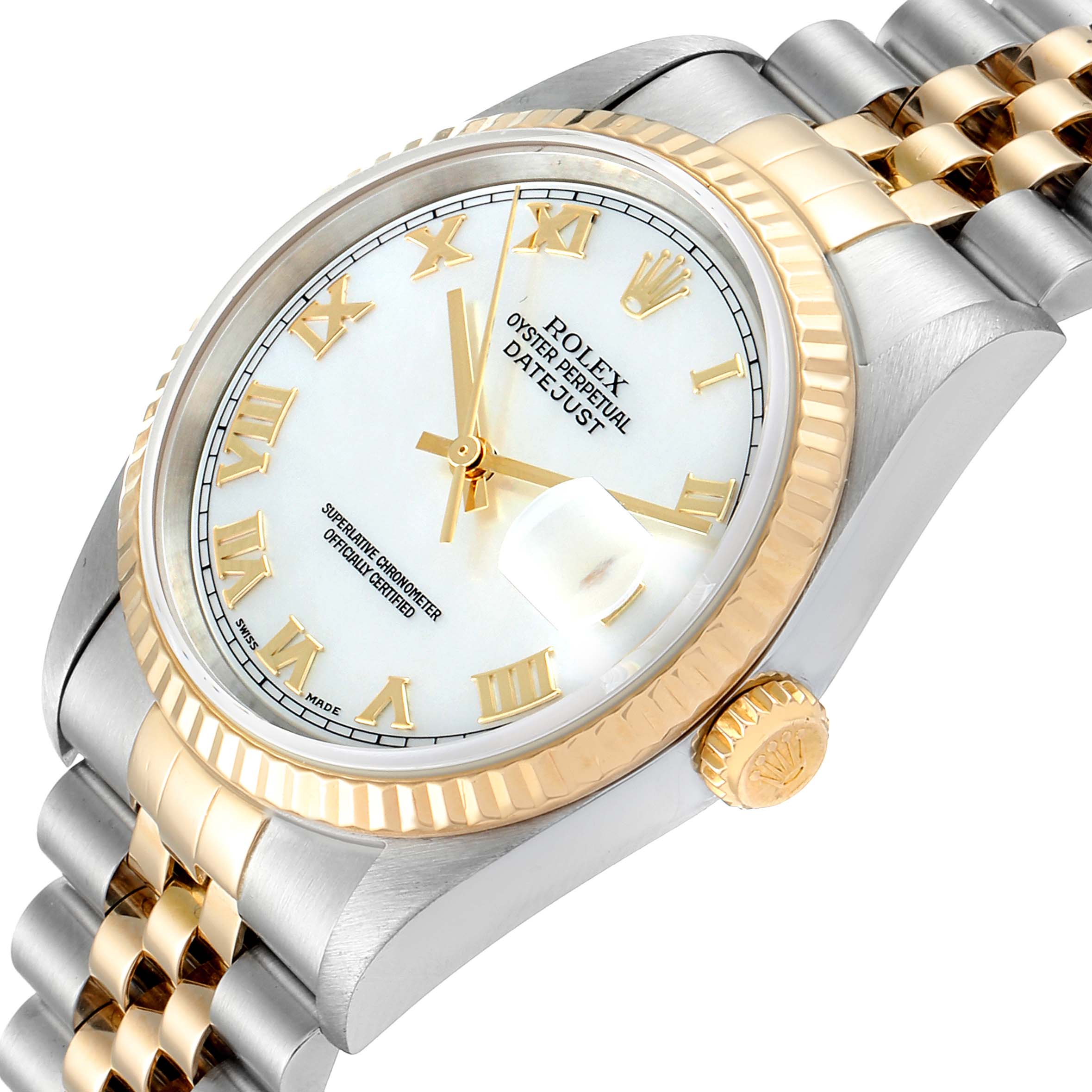 The image shows a side and top view angle of a Rolex Datejust 16233 Men
s Steel and Gold (two tone) Mother of Pearl Dial 16233 Men
s Steel and Gold (two tone) Mother of Pearl Dial watch, highlighting the face, case, crown, and part of the bracelet.