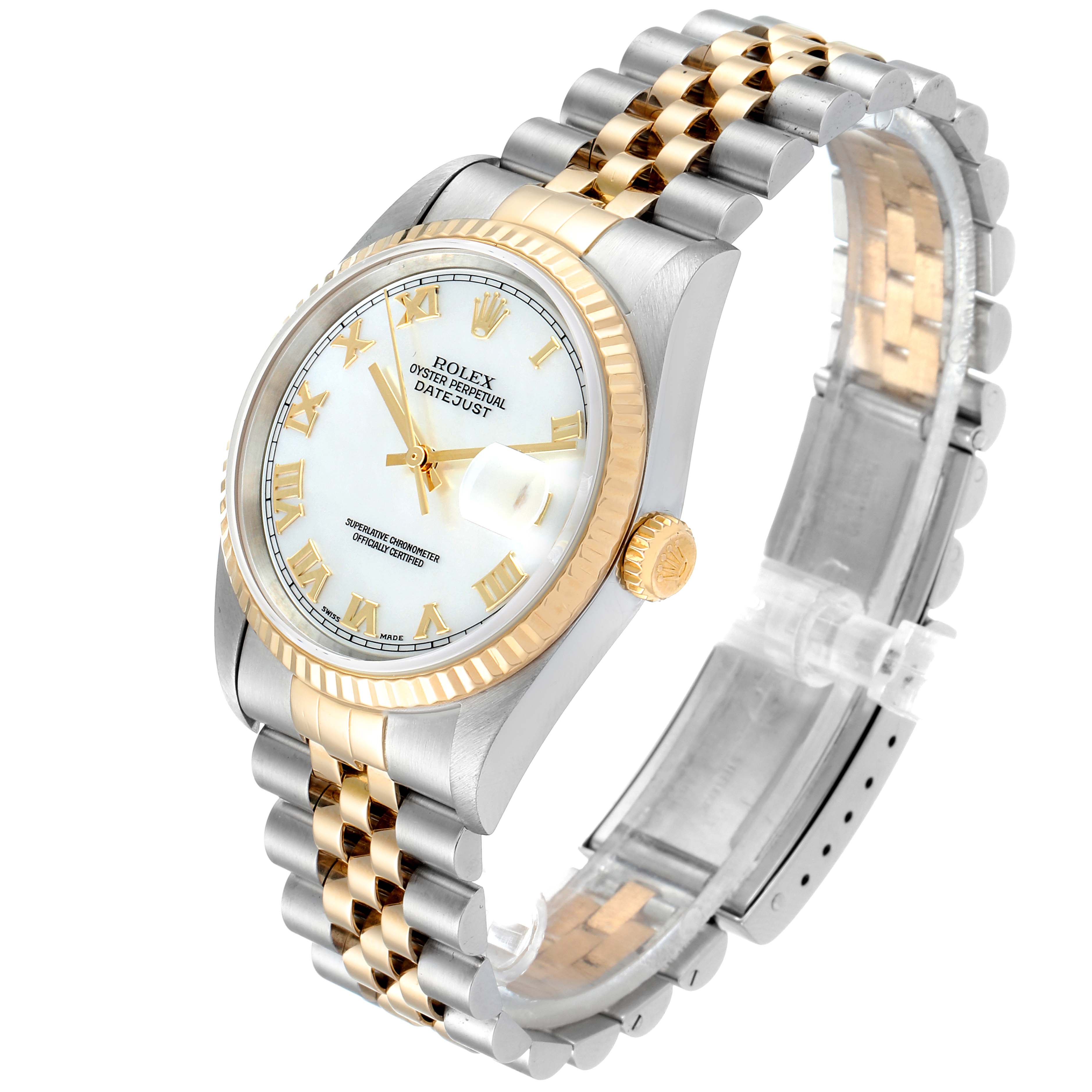 The Rolex Datejust 16233 Men
s Steel and Gold (two tone) Mother of Pearl Dial 16233 Men
s Steel and Gold (two tone) Mother of Pearl Dial watch is shown from an angled side view, displaying its two-tone bracelet and fluted bezel.