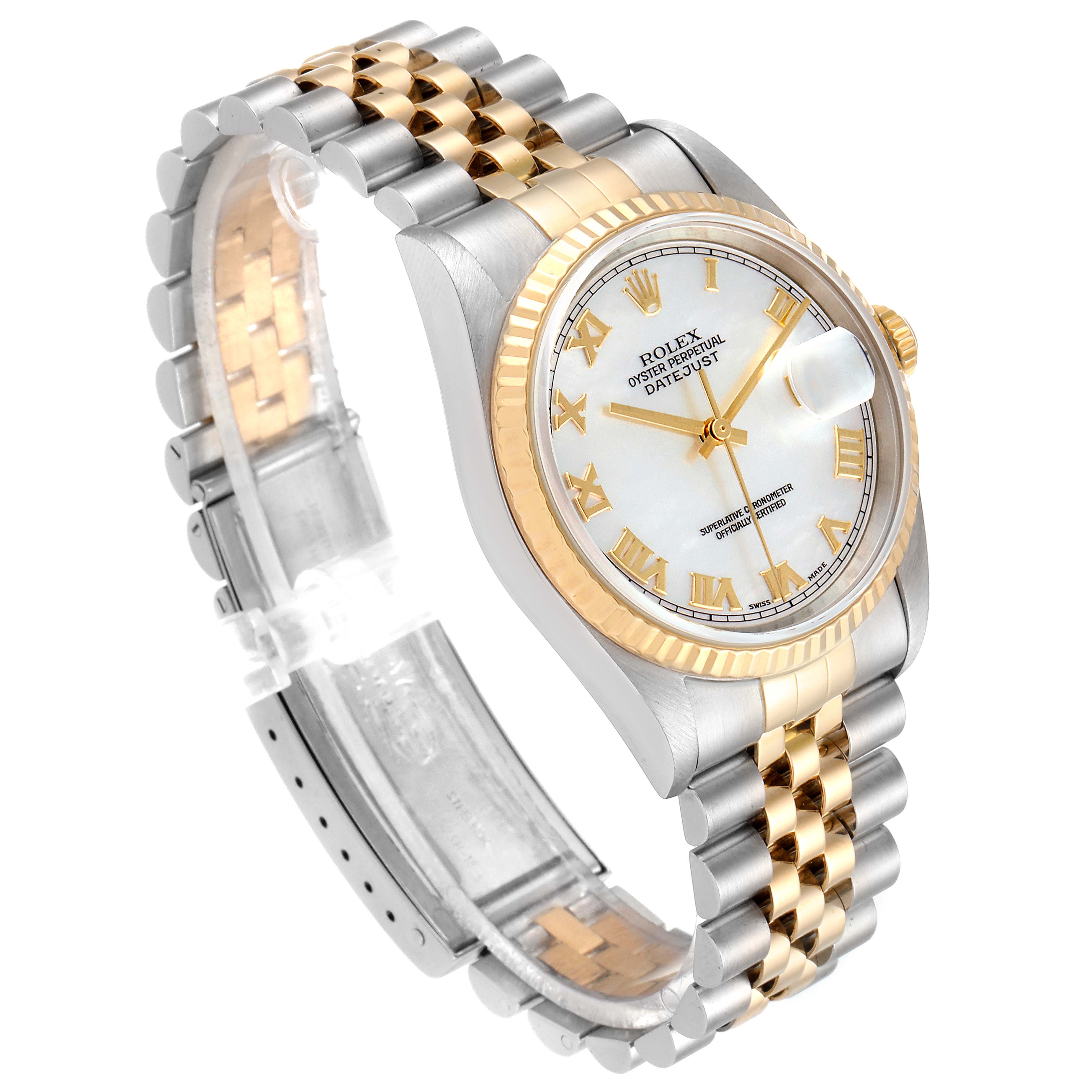 The Rolex Datejust 16233 Men
s Steel and Gold (two tone) Mother of Pearl Dial 16233 Men
s Steel and Gold (two tone) Mother of Pearl Dial watch is shown at a slight angle, displaying its face, bracelet, and part of the clasp.