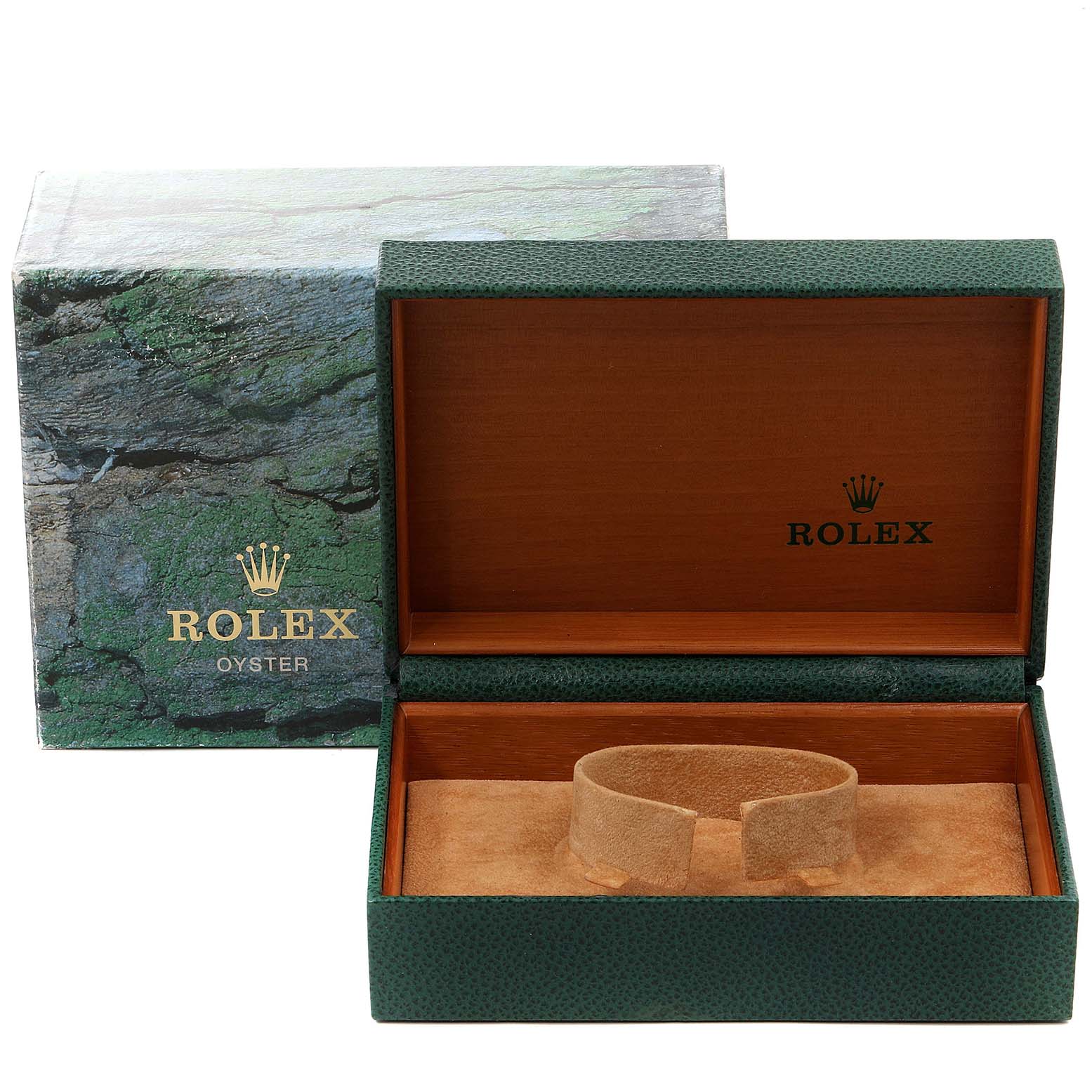This image shows an open green and wooden Rolex Datejust 16233 Men
s Steel and Gold (two tone) Mother of Pearl Dial 16233 Men
s Steel and Gold (two tone) Mother of Pearl Dial watch box with the cushion inside.
