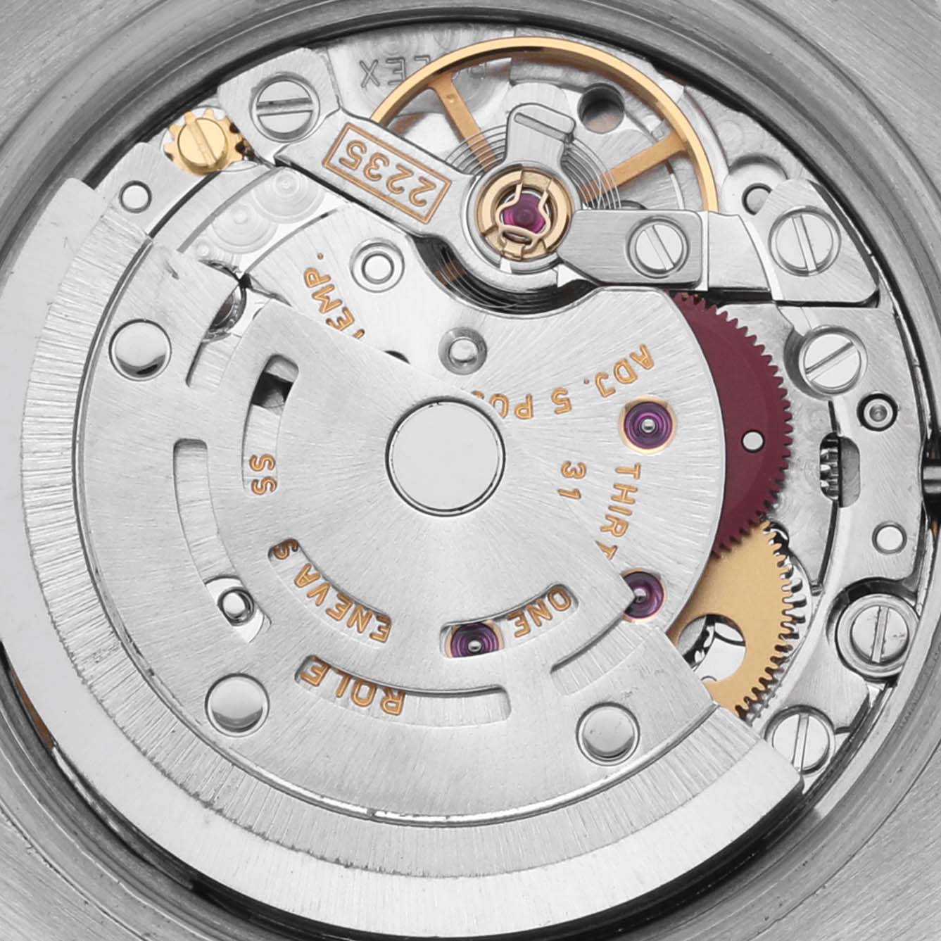 This image shows the movement of a Rolex Datejust 179163 Women's Steel and Gold (two tone) Mother of Pearl Dial 179163 Women's Steel and Gold (two tone) Mother of Pearl Dial watch from a top-down angle.