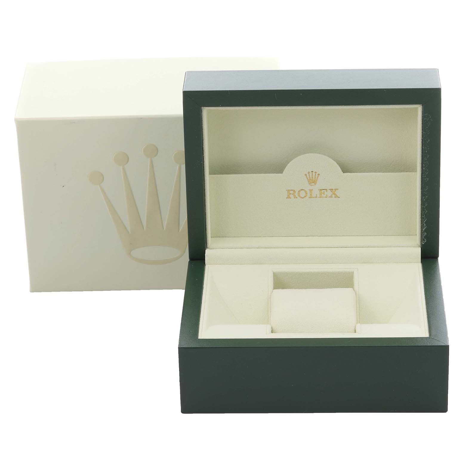 The image shows an open watch box for a Rolex Datejust 179163 Women's Steel and Gold (two tone) Mother of Pearl Dial 179163 Women's Steel and Gold (two tone) Mother of Pearl Dial, with a visible display compartment and logo.