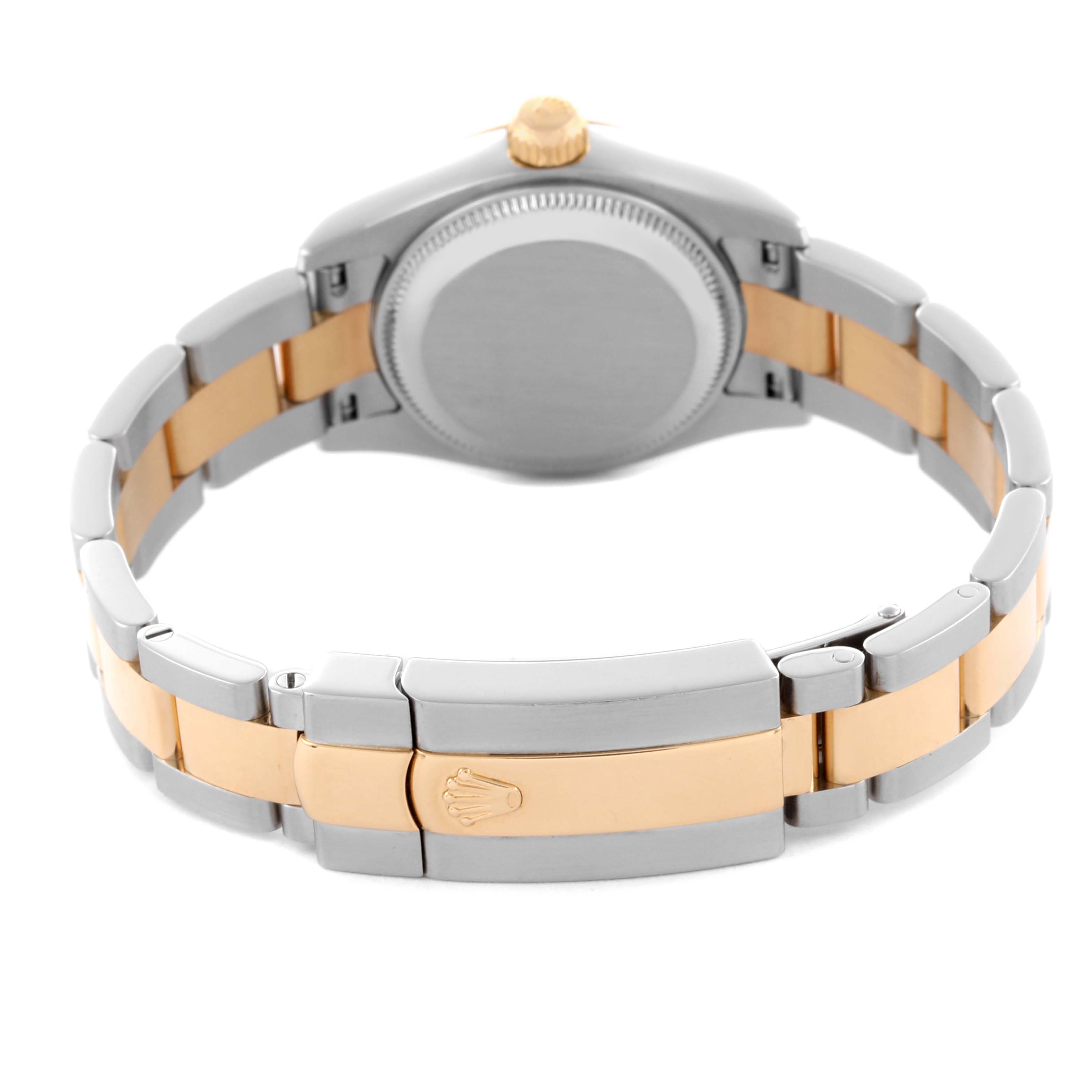 The image shows the back view of a Rolex Datejust 179163 Women's Steel and Gold (two tone) Mother of Pearl Dial 179163 Women's Steel and Gold (two tone) Mother of Pearl Dial with the bracelet and clasp visible.