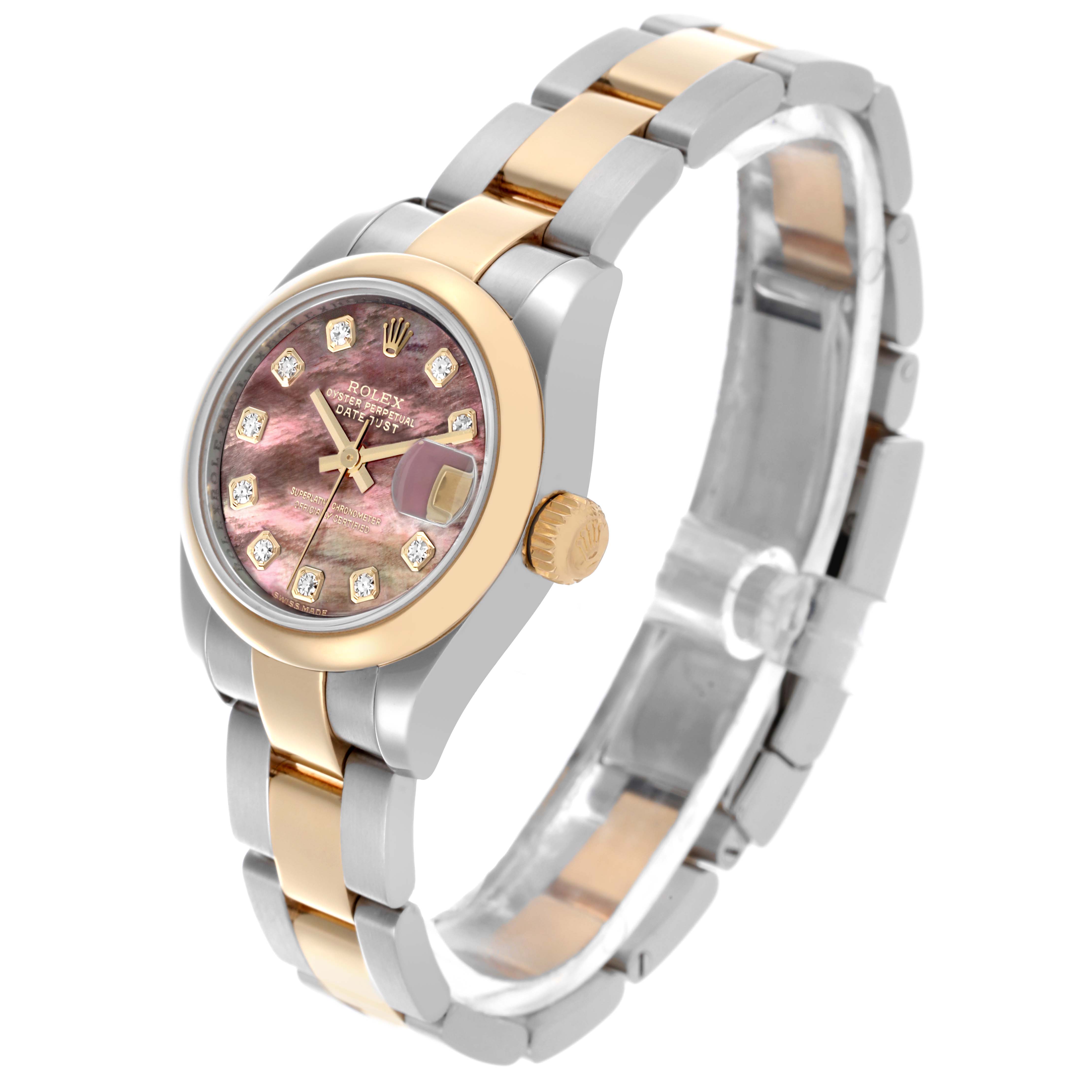 The Rolex Datejust 179163 Women's Steel and Gold (two tone) Mother of Pearl Dial 179163 Women's Steel and Gold (two tone) Mother of Pearl Dial watch is shown at a slight angle, displaying the face, bezel, bracelet, and crown.