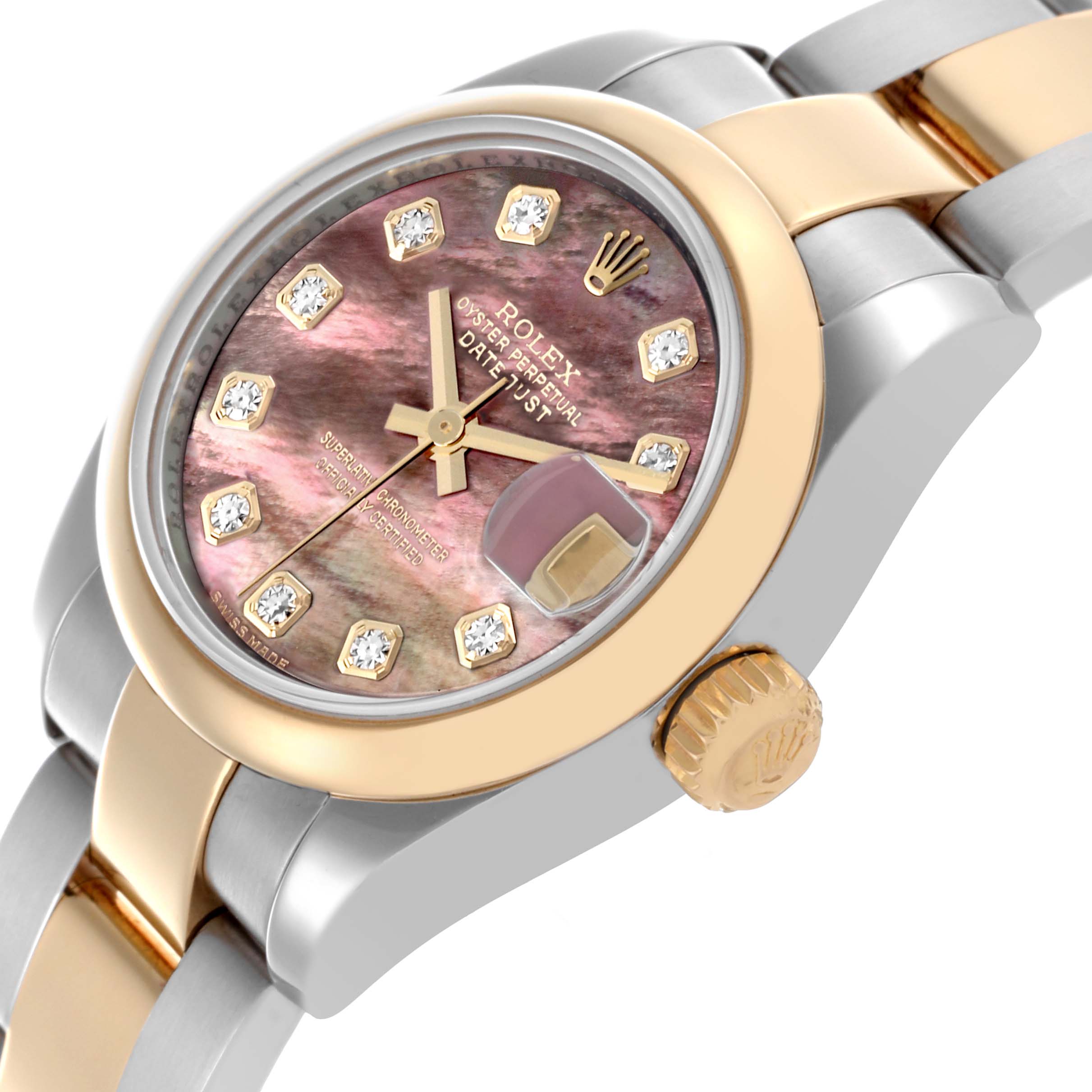 The image shows a close-up angle of the Rolex Datejust 179163 Women's Steel and Gold (two tone) Mother of Pearl Dial 179163 Women's Steel and Gold (two tone) Mother of Pearl Dial watch, highlighting its dial, bezel, and part of the bracelet.