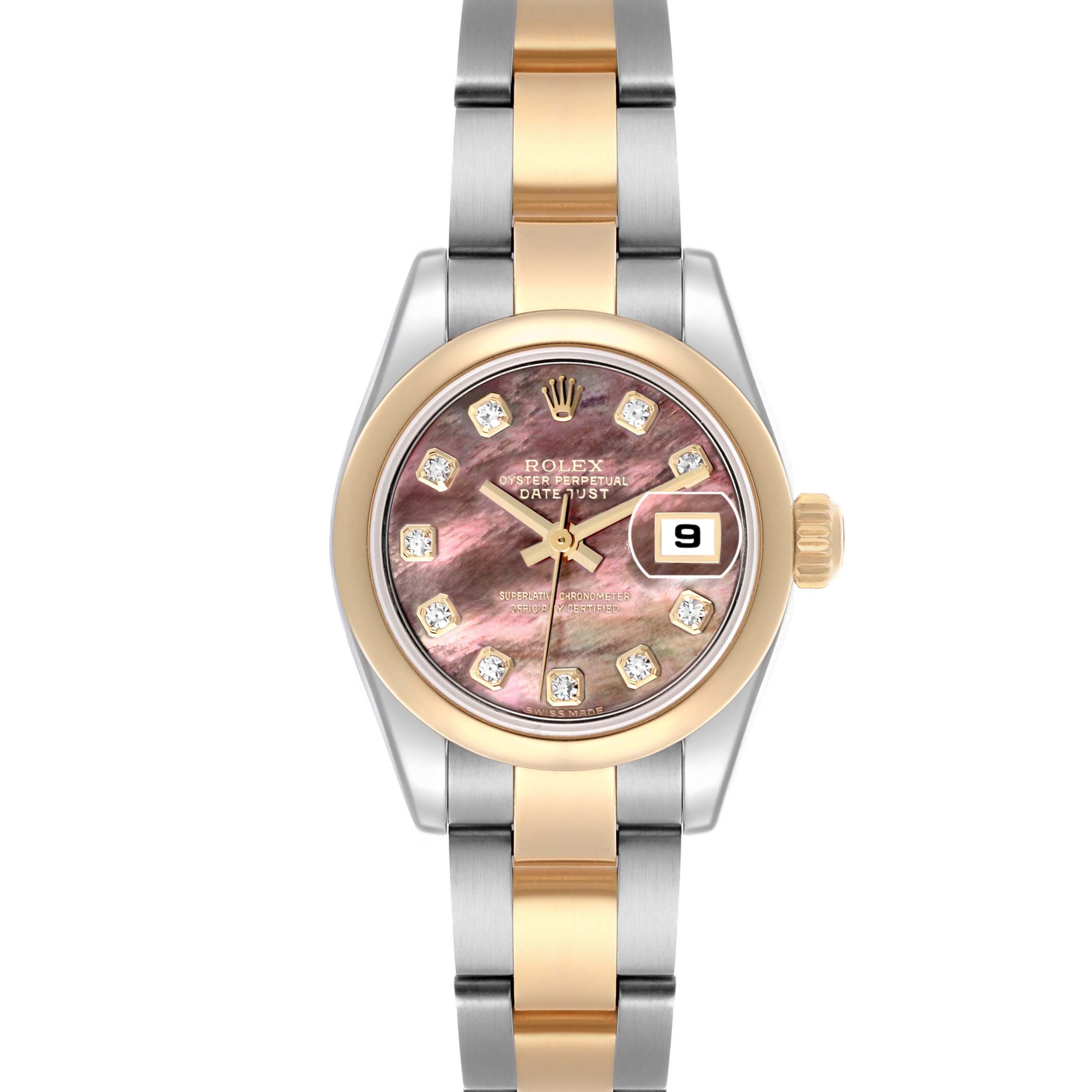 The Rolex Datejust 179163 Women's Steel and Gold (two tone) Mother of Pearl Dial 179163 Women's Steel and Gold (two tone) Mother of Pearl Dial watch is shown from the front, displaying the dial, bezel, and a portion of the bracelet.