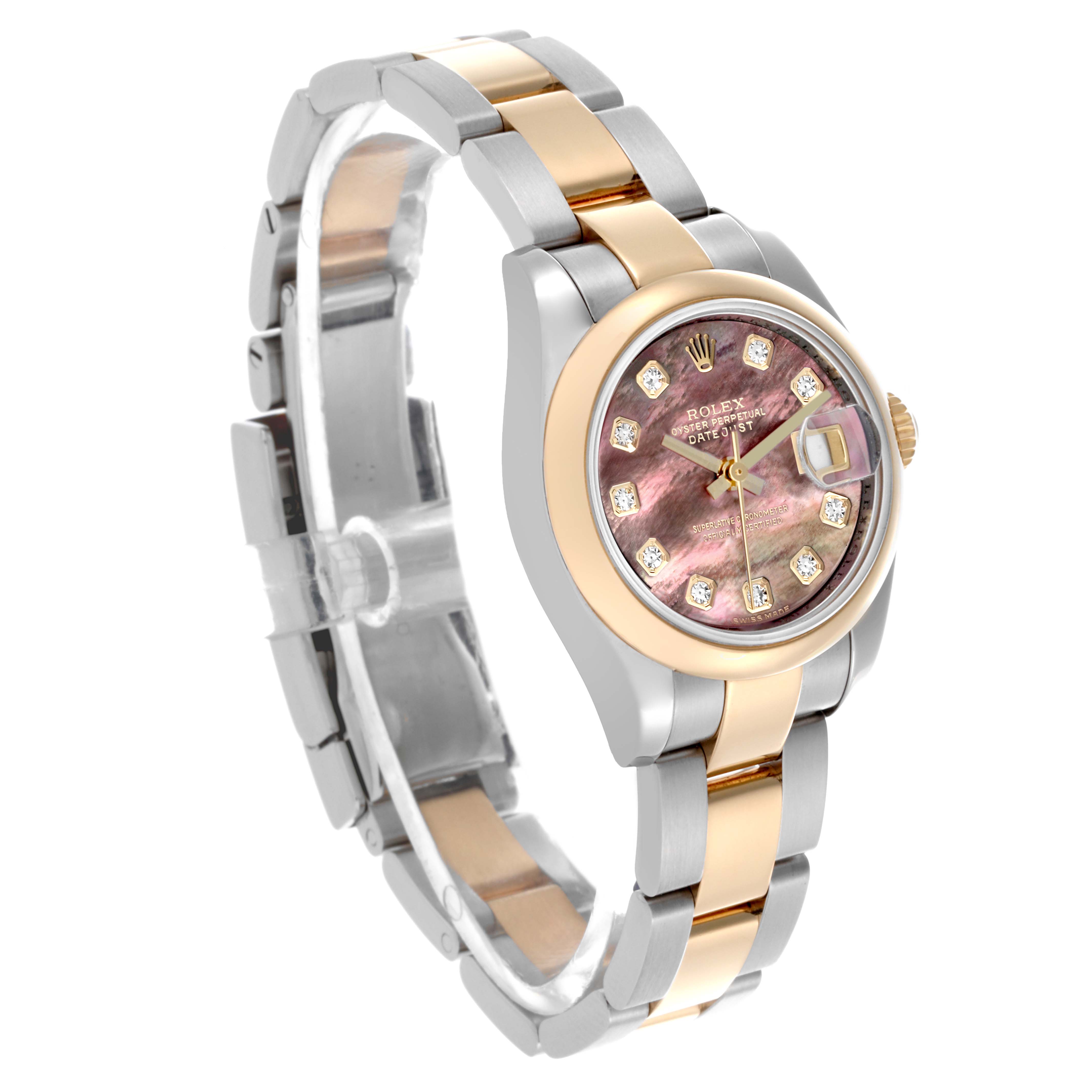The Rolex Datejust 179163 Women's Steel and Gold (two tone) Mother of Pearl Dial 179163 Women's Steel and Gold (two tone) Mother of Pearl Dial watch is shown at a three-quarter angle, displaying the dial, bezel, and bracelet.