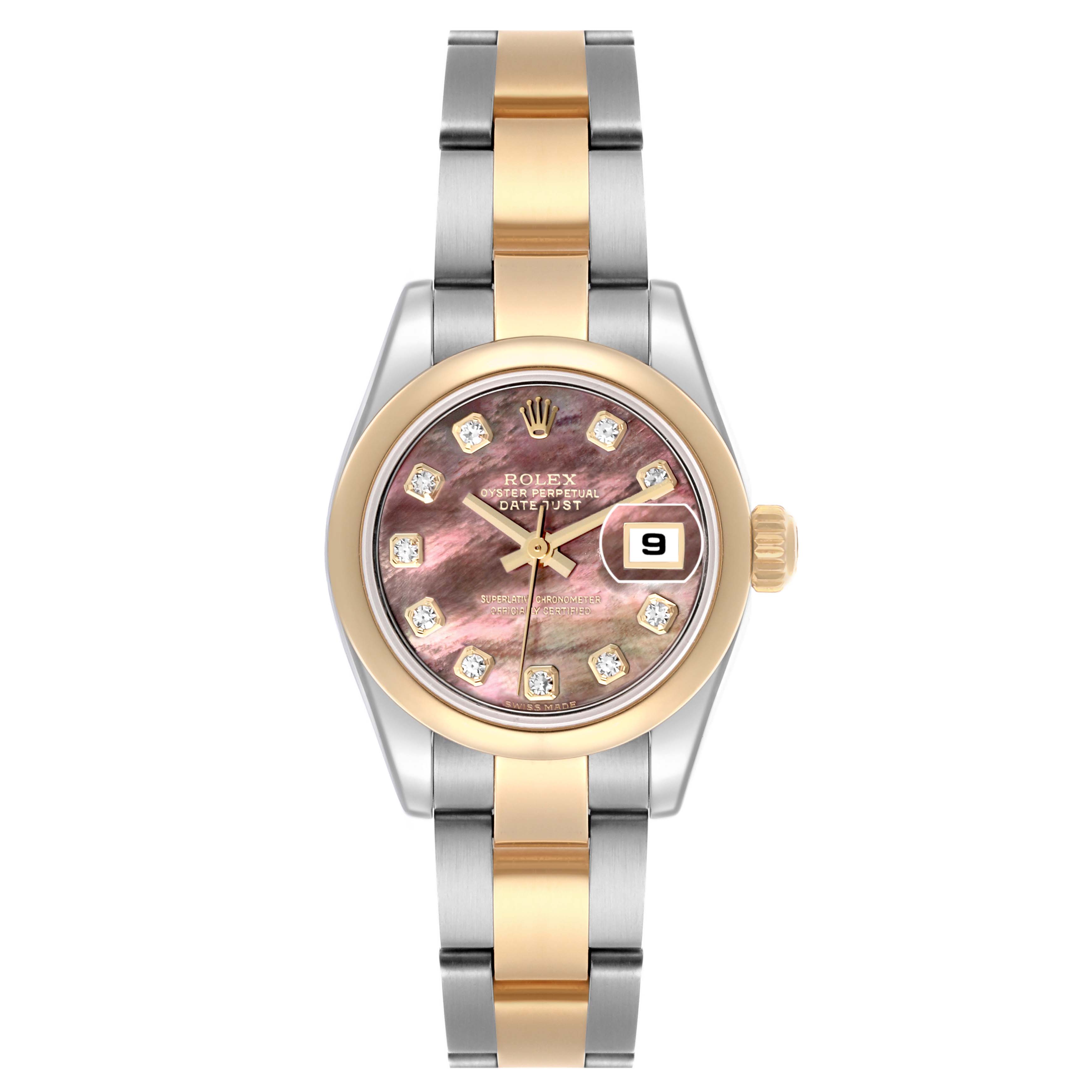 The Rolex Datejust 179163 Women's Steel and Gold (two tone) Mother of Pearl Dial 179163 Women's Steel and Gold (two tone) Mother of Pearl Dial watch is shown from a top-down angle, displaying the bezel, dial, hands, and bracelet clearly.