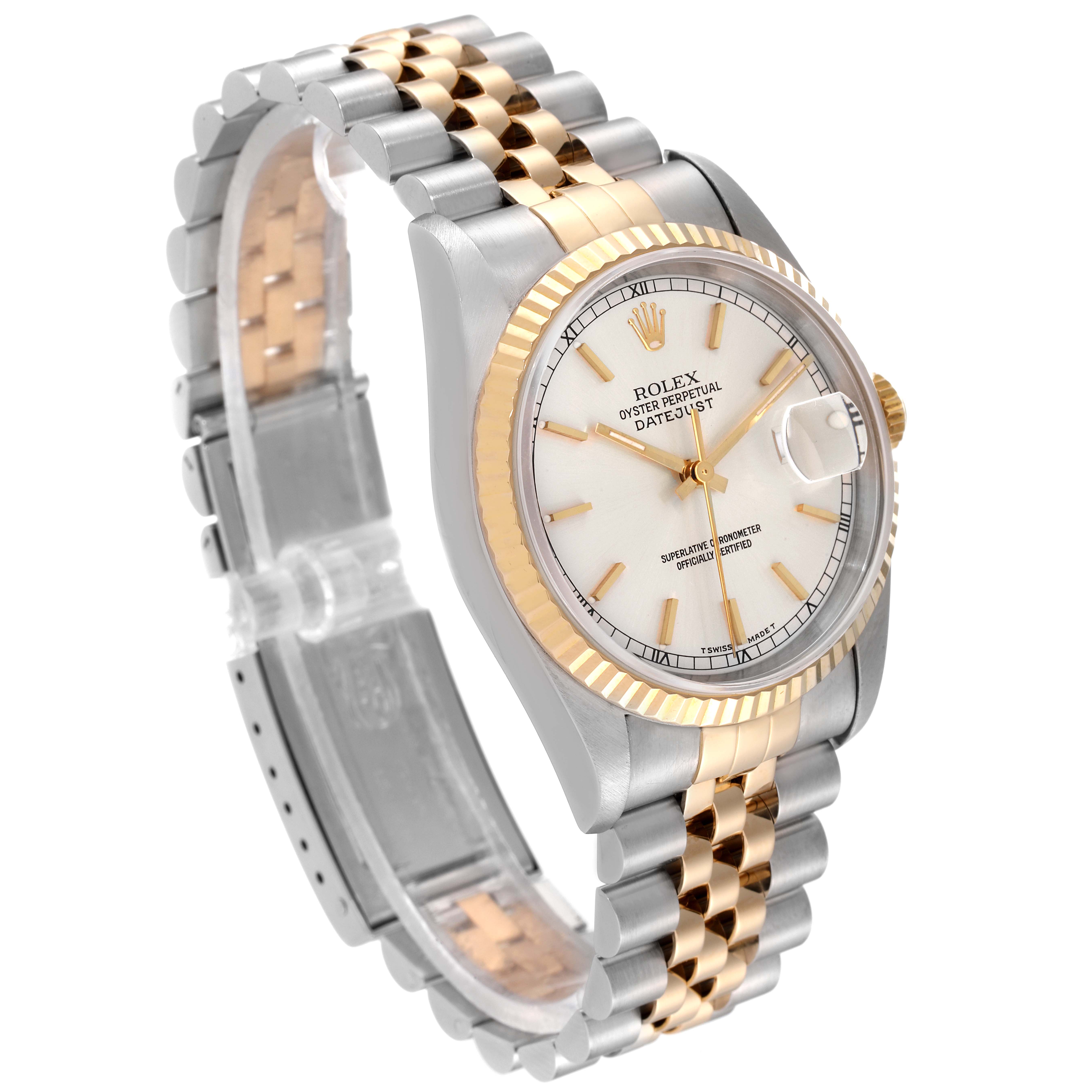 The Rolex Datejust 16233 Men's Steel and Gold (two tone) Silver Dial 16233 Men's Steel and Gold (two tone) Silver Dial watch is shown at a three-quarter angle, displaying the dial, bezel, and Jubilee bracelet clearly.