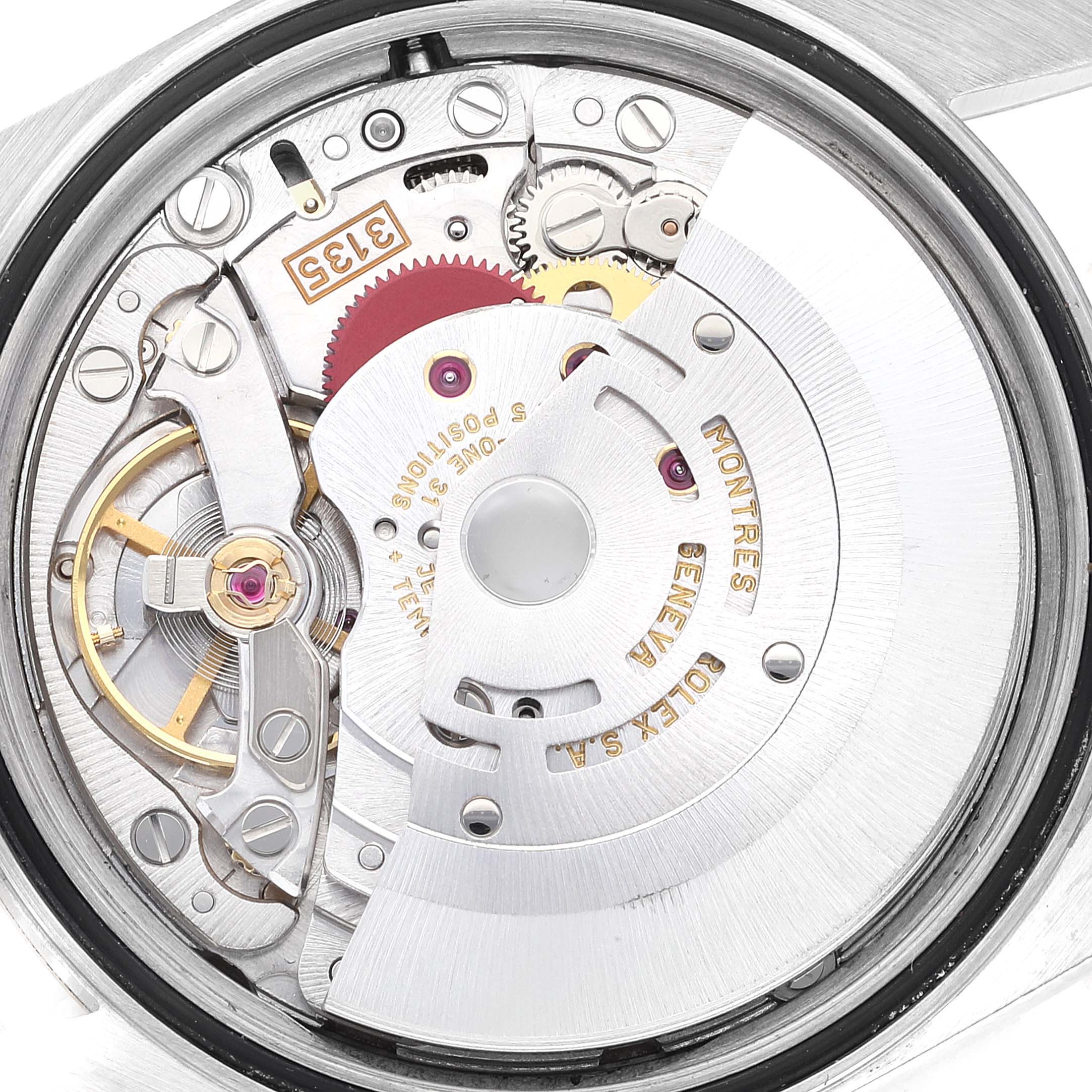 The image shows a detailed view of the internal mechanism of a Rolex Datejust 16233 Men's Steel and Gold (two tone) Silver Dial 16233 Men's Steel and Gold (two tone) Silver Dial watch, focusing on the movement components.