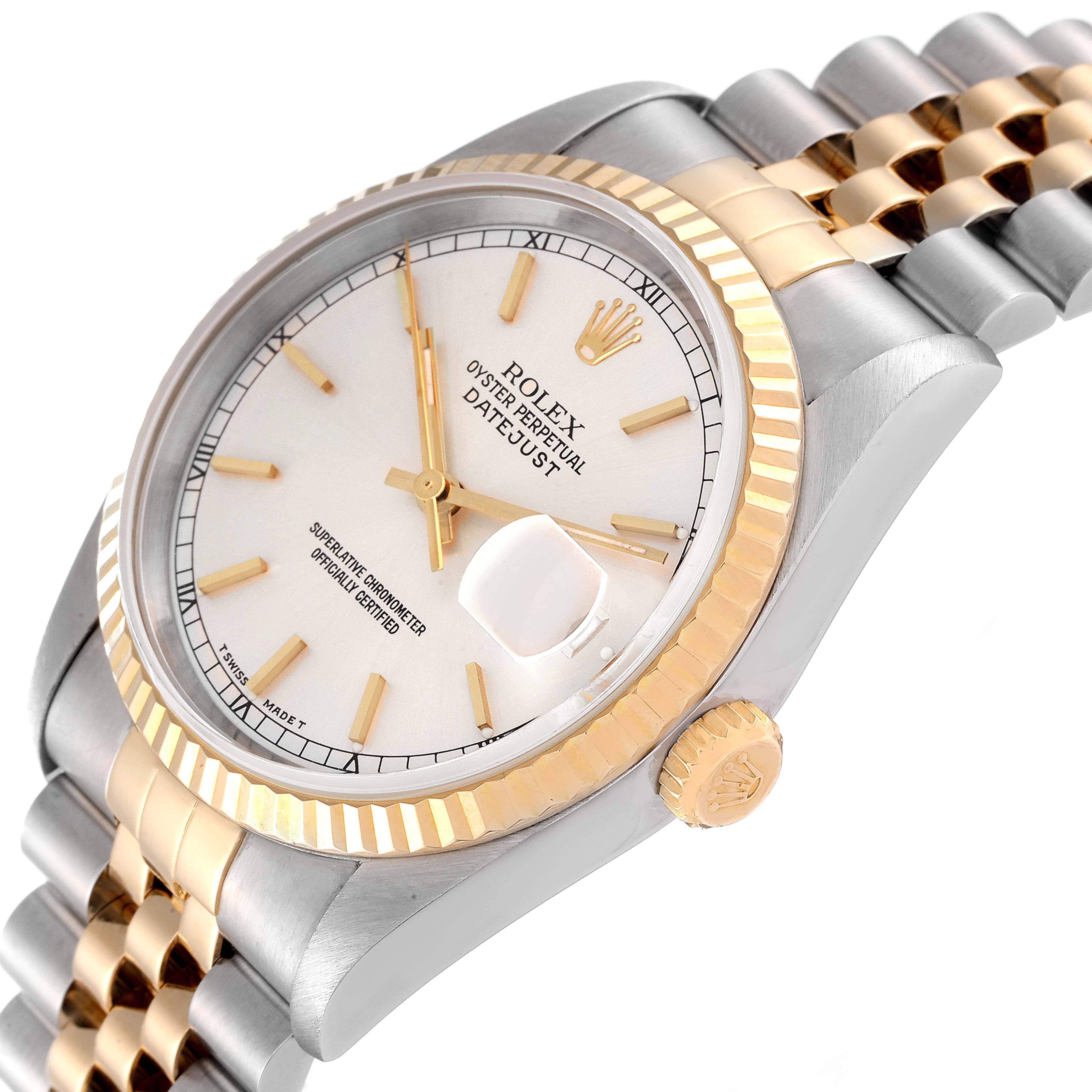 The image shows a close-up angle of a Rolex Datejust 16233 Men's Steel and Gold (two tone) Silver Dial 16233 Men's Steel and Gold (two tone) Silver Dial watch, highlighting the dial, bezel, crown, and part of the bracelet.