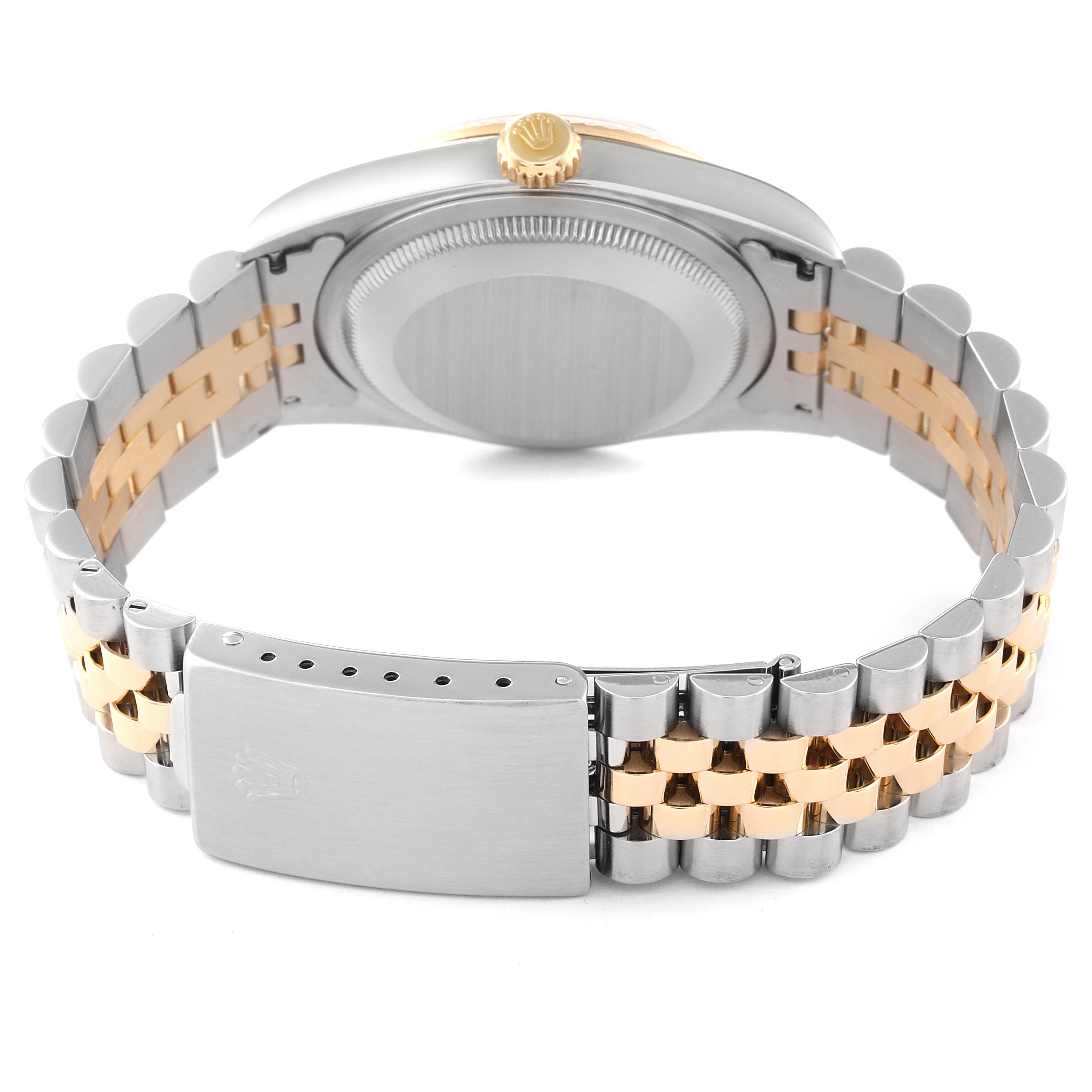 This image shows the back of a Rolex Datejust 16233 Men's Steel and Gold (two tone) Silver Dial 16233 Men's Steel and Gold (two tone) Silver Dial watch, displaying its case, crown, and two-tone bracelet.