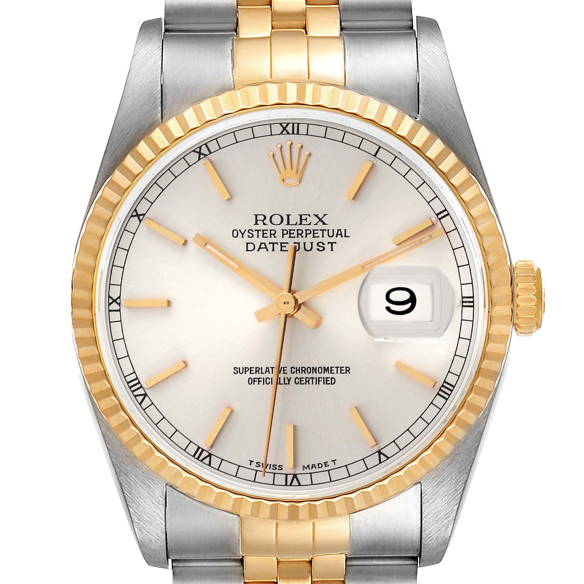 The image shows a frontal view of a Rolex Datejust 16233 Men's Steel and Gold (two tone) Silver Dial 16233 Men's Steel and Gold (two tone) Silver Dial watch, highlighting the gold and steel bracelet, fluted bezel, and dial with a date display.