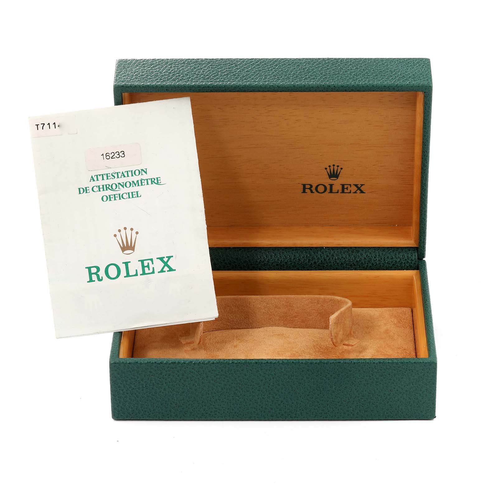 The image shows an open green and wooden Rolex box with a certificate for the Rolex Datejust 16233 Men's Steel and Gold (two tone) Silver Dial 16233 Men's Steel and Gold (two tone) Silver Dial model.