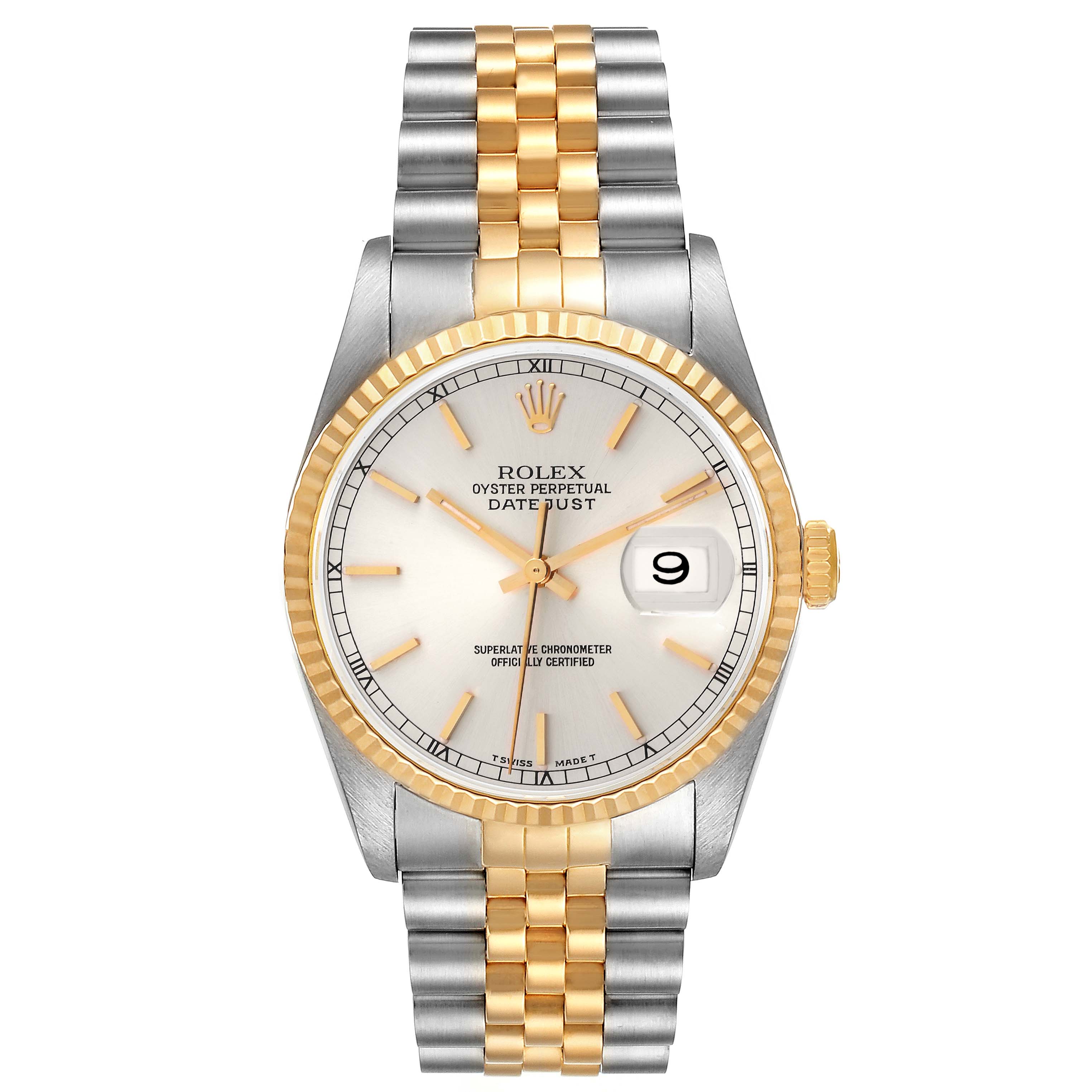 The image shows a front view of a Rolex Datejust 16233 Men's Steel and Gold (two tone) Silver Dial 16233 Men's Steel and Gold (two tone) Silver Dial watch, highlighting its two-tone bracelet, fluted bezel, and date window.