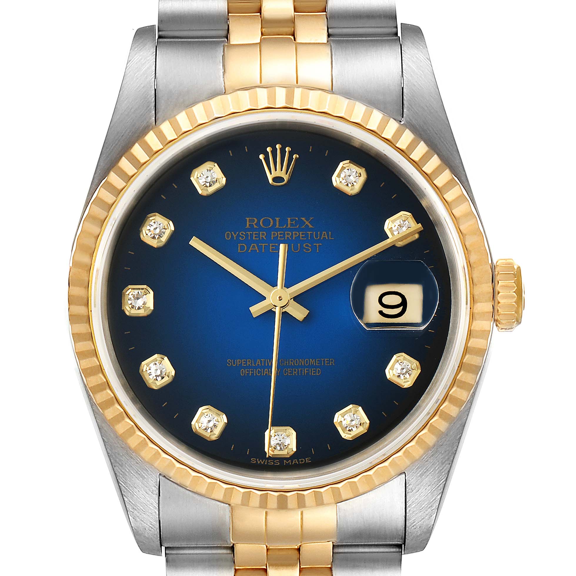 The image shows a front view of the Rolex Datejust 16233 Men's Steel and Gold (two tone) Blue Dial 16233 Men's Steel and Gold (two tone) Blue Dial watch, displaying its blue dial, diamond markers, date window, and two-tone bracelet.