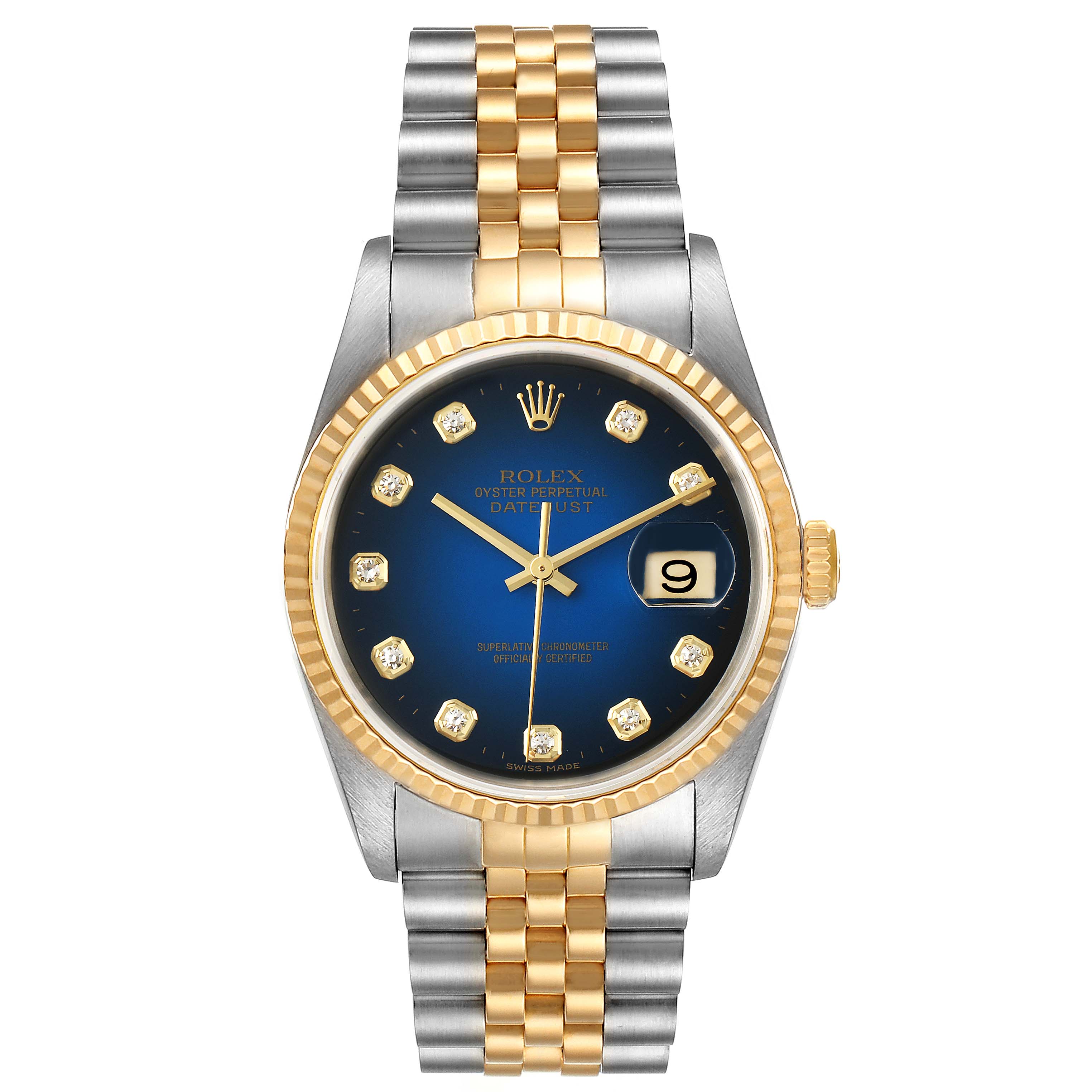 The image shows a front view of a Rolex Datejust 16233 Men's Steel and Gold (two tone) Blue Dial 16233 Men's Steel and Gold (two tone) Blue Dial watch, featuring a two-tone band, blue dial, and date display.