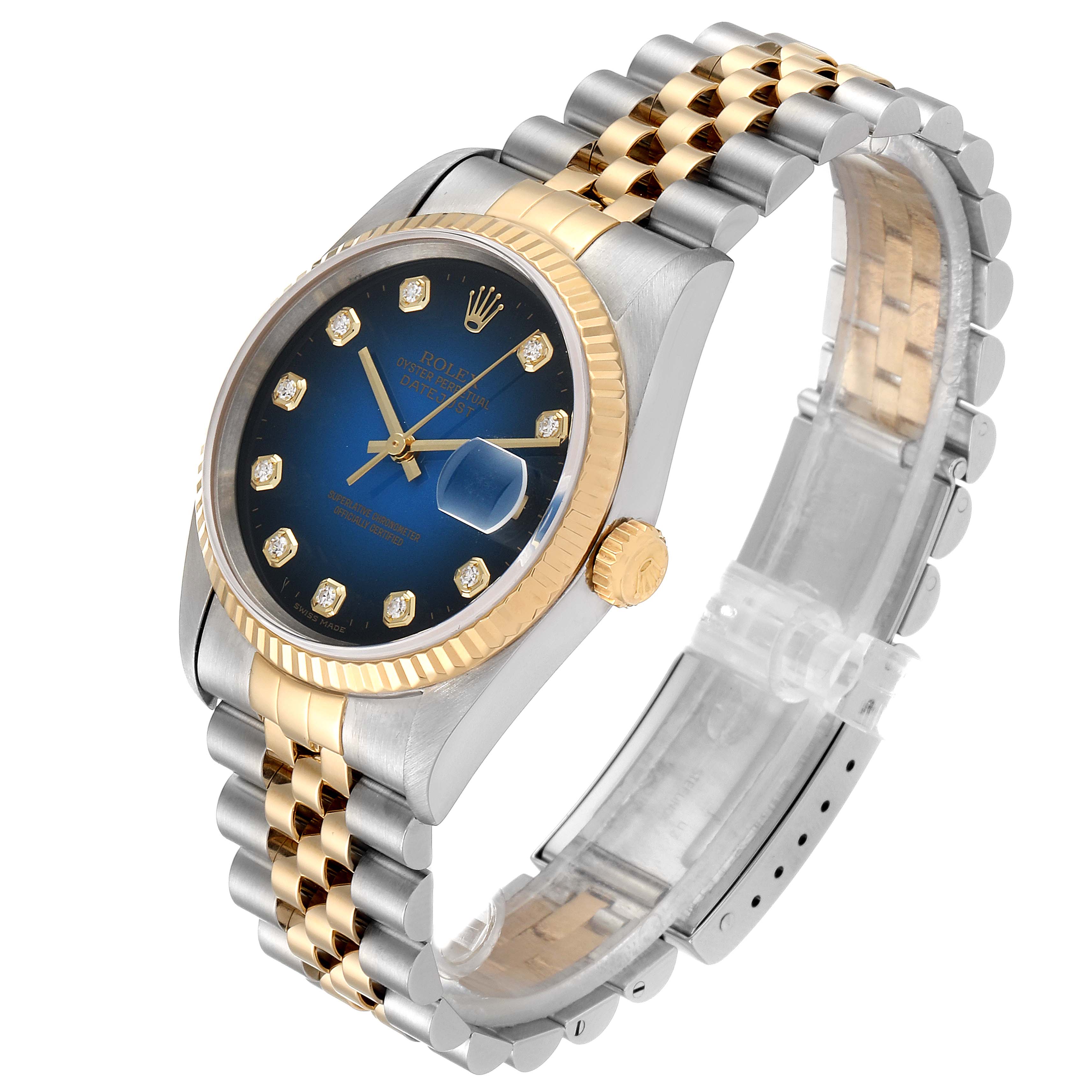 This image shows a Rolex Datejust 16233 Men's Steel and Gold (two tone) Blue Dial 16233 Men's Steel and Gold (two tone) Blue Dial watch at an angled view, highlighting the dial, bezel, crown, and bracelet.